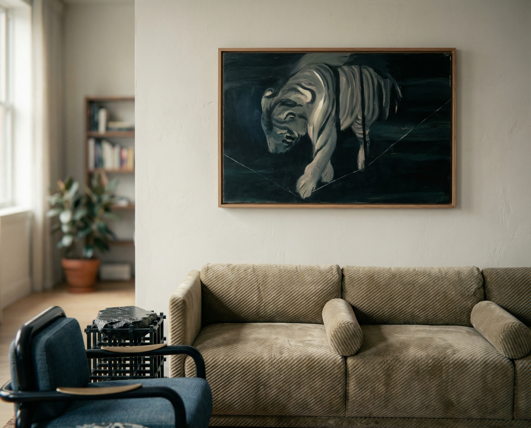 Living room with a beige sofa, blue armchair, and a framed painting of a tiger on the wall. Tiger 2 – Contemporary Animal Canvas Art | Luxury Wall Decor | Brume Art | Luxury Wall Decor | Large Canvas Wall Art | Oversized Wall Hanging-Brume art