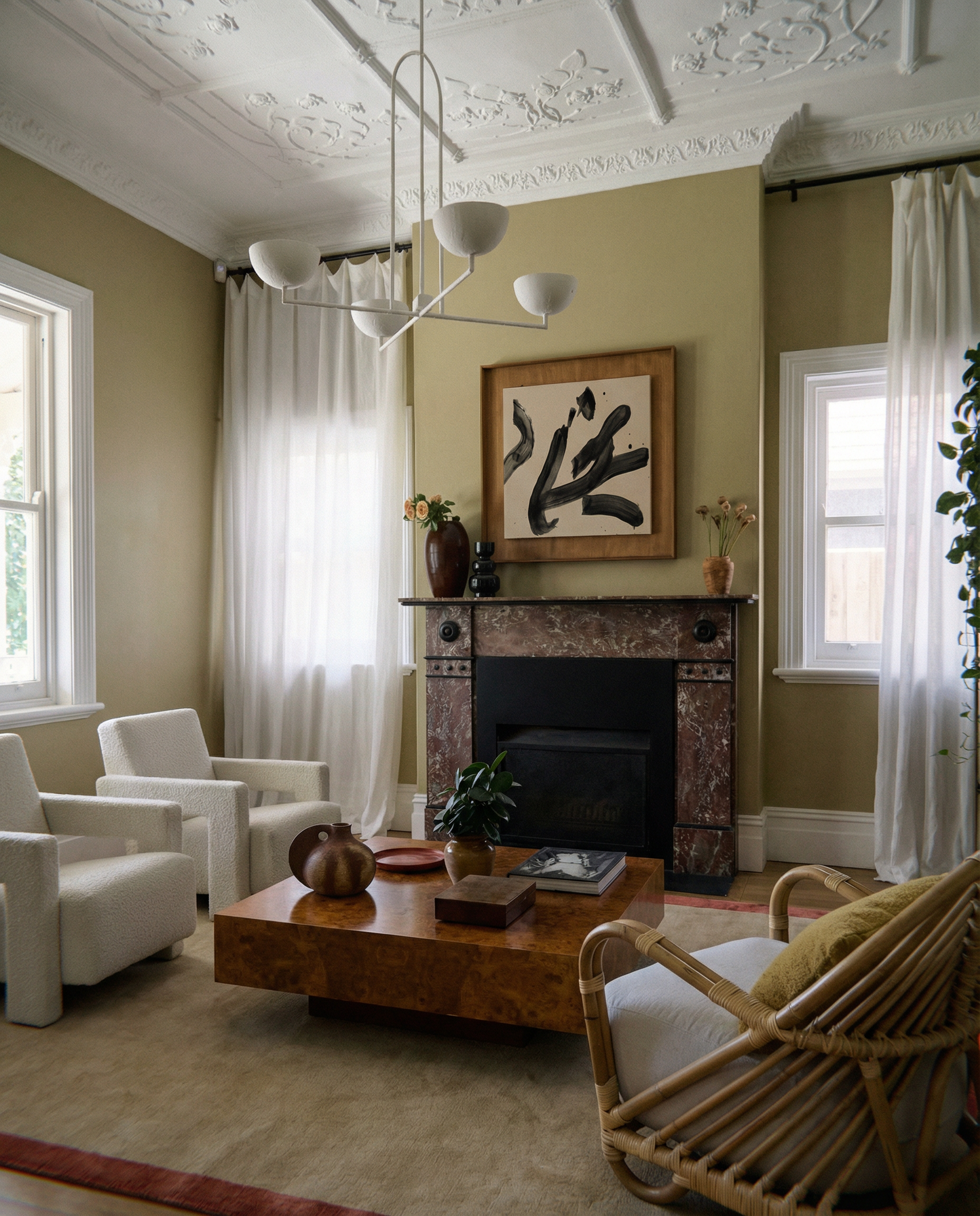 Living room with fireplace, chairs, and a coffee table. Ink 3 – Abstract Ink Canvas Wall Art | Oversized Luxury Print | Brume Art | Luxury Wall Decor | Large Canvas Wall Art | Oversized Wall Hanging-Brume art