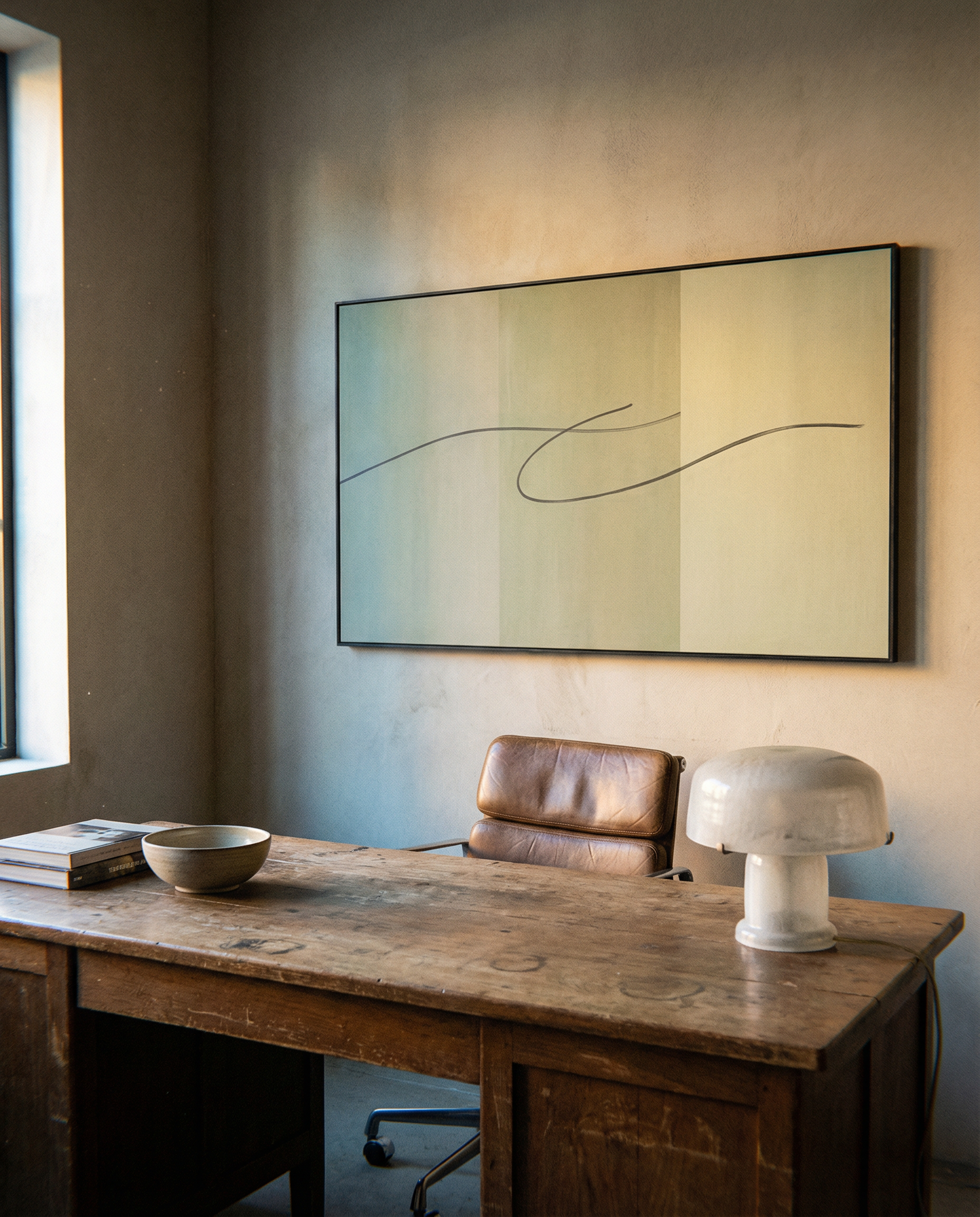 Modern office setup with a wooden desk, leather chair, and abstract wall art. olive – Bold Abstract Canvas Print | Large Luxury Wall Art | Brume Art