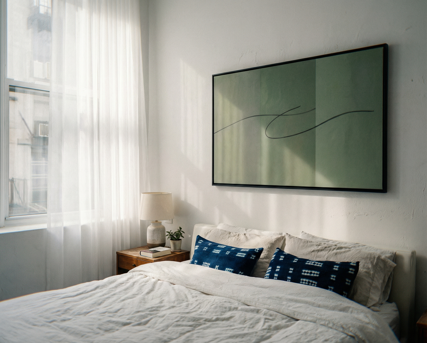 Modern bedroom with a bed, nightstand, and abstract painting on the wall. olive – Bold Abstract Canvas Print | Large Luxury Wall Art | Brume Art