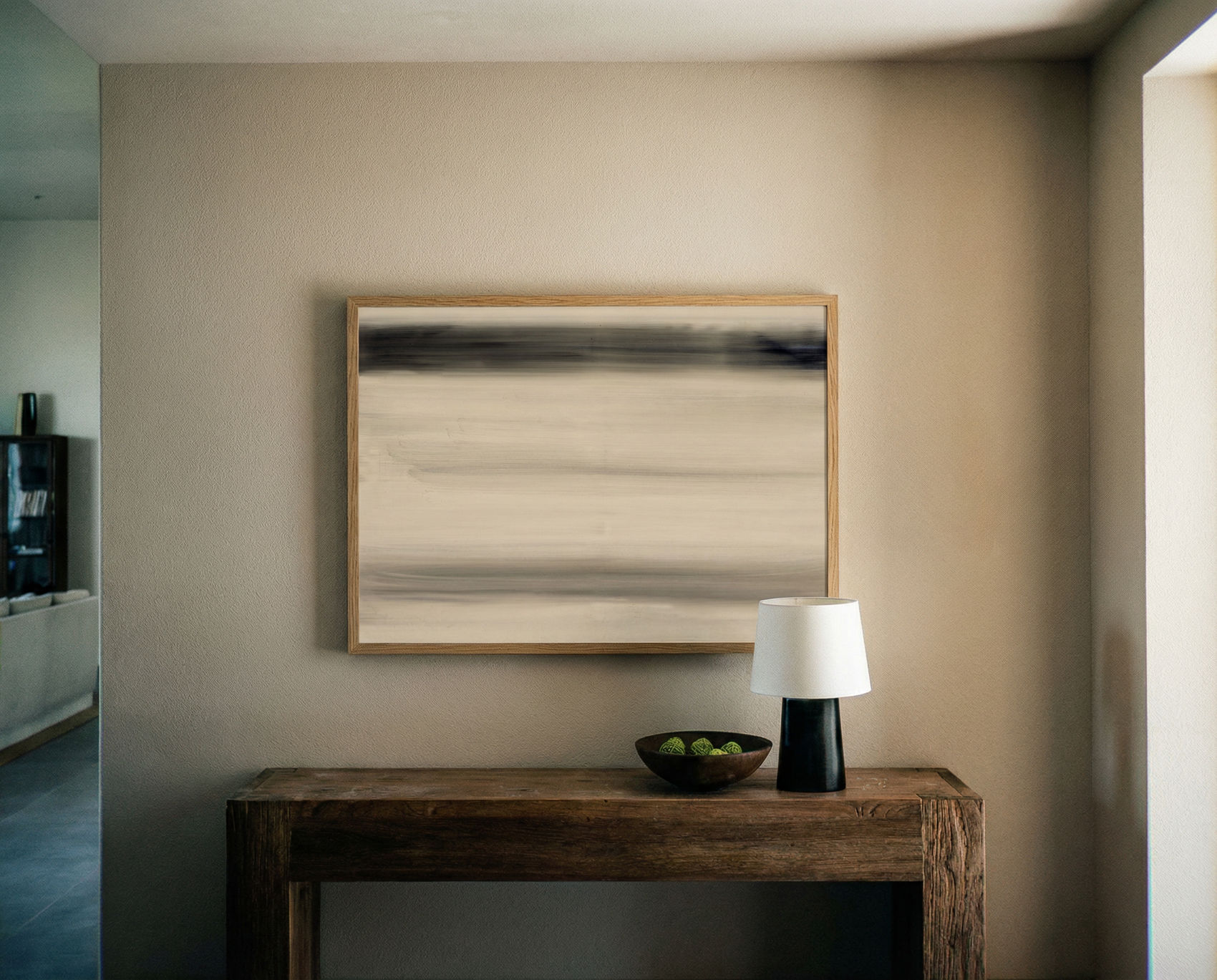 Modern interior with a wooden console table, lamp, and abstract painting on a beige wall. Horizon – Bold Abstract Canvas Print | Large Luxury Wall Art | Brume Art | Luxury Wall Decor | Large Canvas Wall Art | Oversized Wall Hanging-Brume art