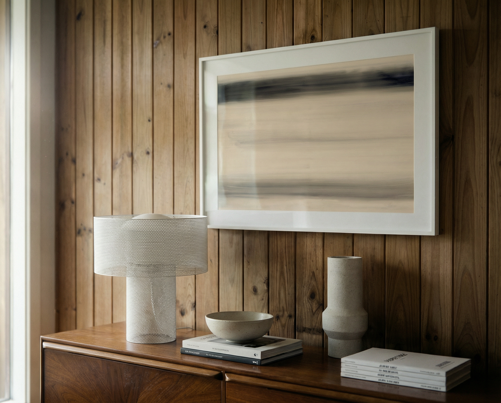 Decorative items on a wooden shelf against a wooden wall Horizon – Bold Abstract Canvas Print | Large Luxury Wall Art | Brume Art | Luxury Wall Decor | Large Canvas Wall Art | Oversized Wall Hanging-Brume art