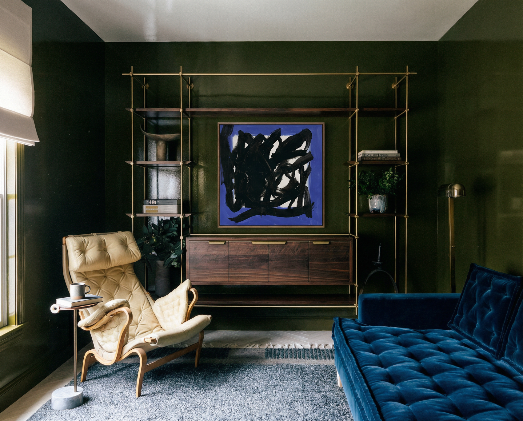 Modern living room with a blue sofa, beige armchair, and abstract painting on a green wall. Noise 5 – Bold Abstract Canvas Print | Large Luxury Wall Art | Brume Art