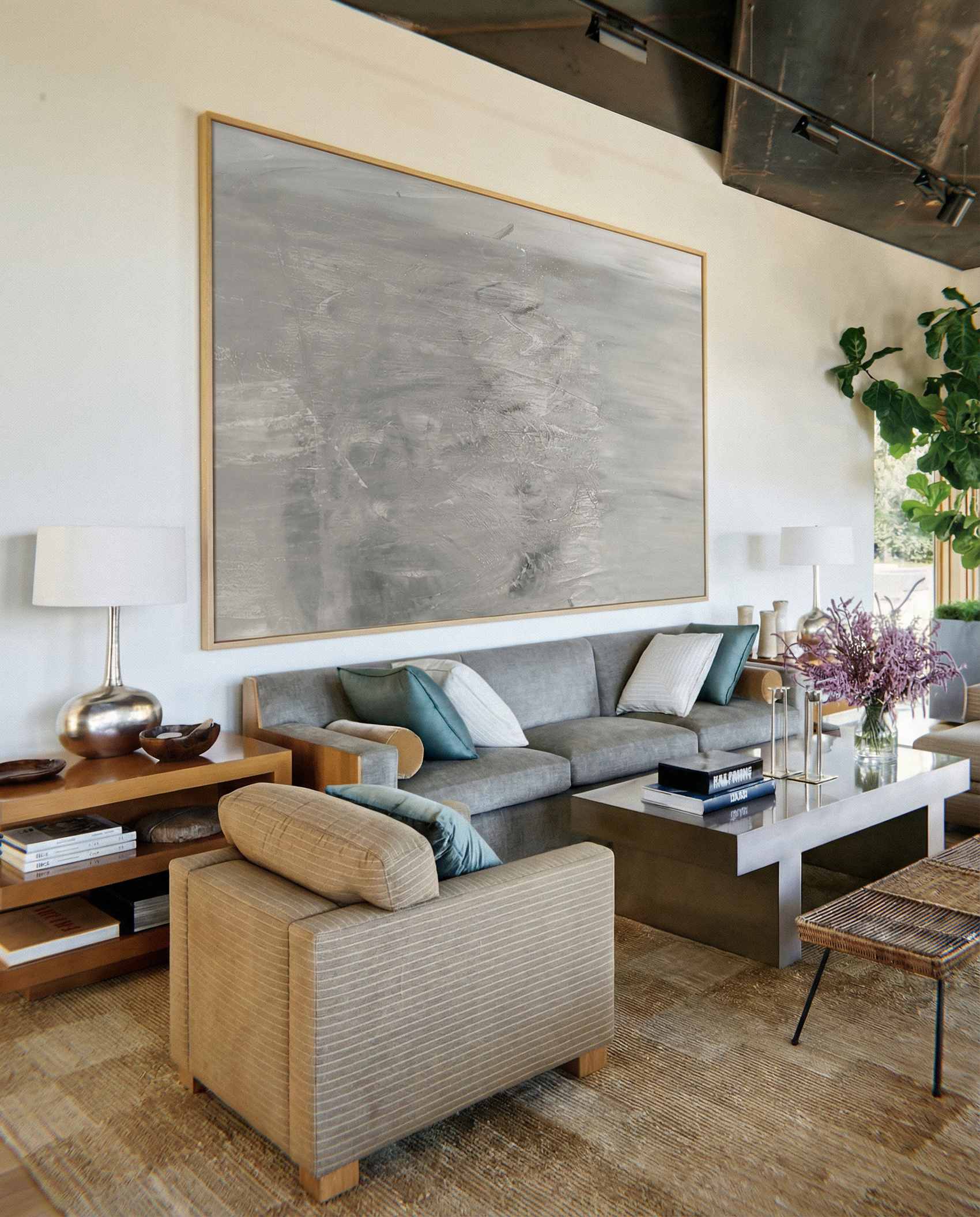 Modern living room with gray sofa, armchair, and decorative elements. Fade – Bold Abstract Canvas Wall Art | Large Luxury Print | Brume Art