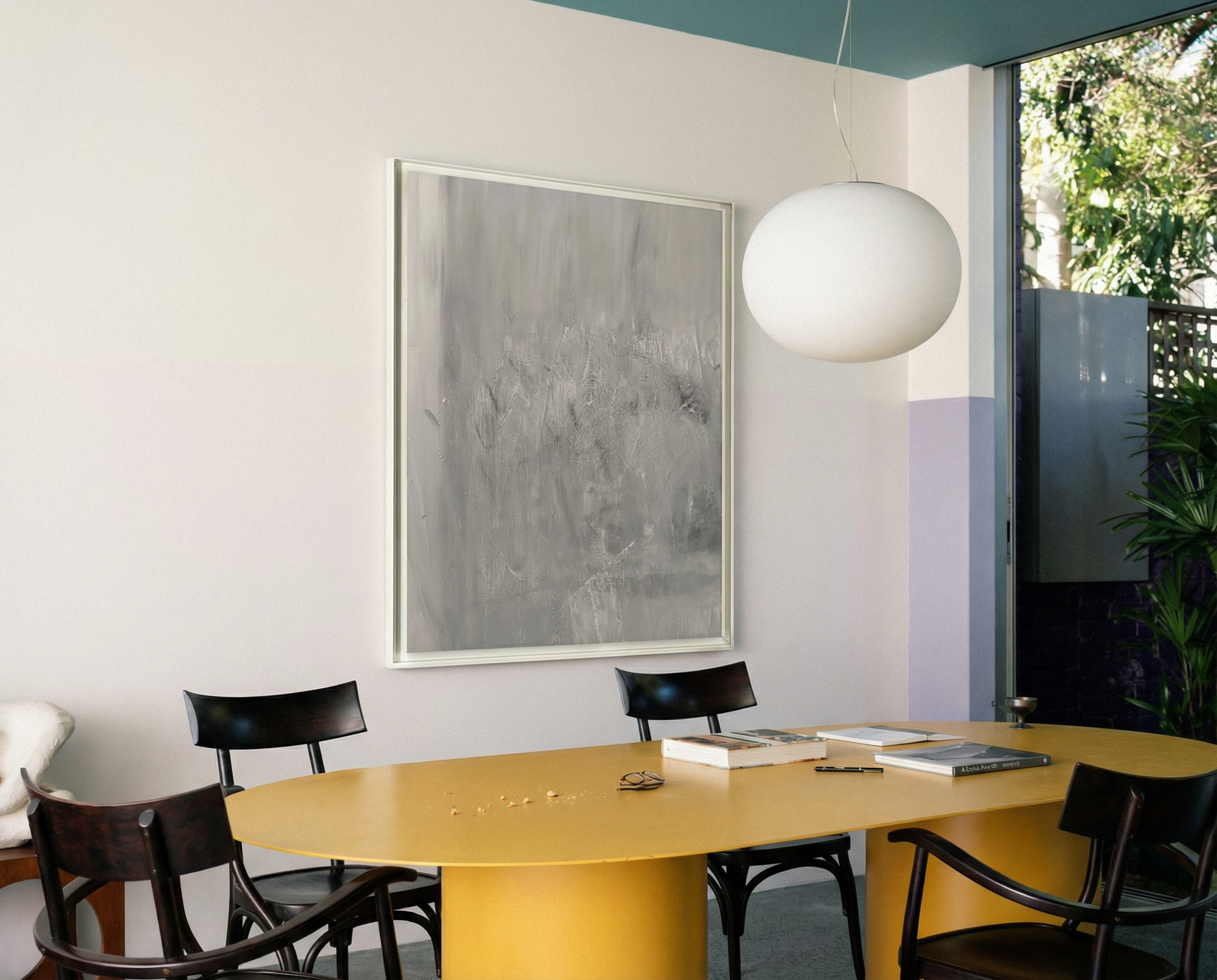 Modern office interior with a yellow conference table, black chairs, and a large abstract painting on the wall. Fade – Bold Abstract Canvas Wall Art | Large Luxury Print | Brume Art
