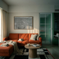 Modern living room with orange sectional sofa, coffee table, and artwork on the wall. Fade – Bold Abstract Canvas Wall Art | Large Luxury Print | Brume Art
