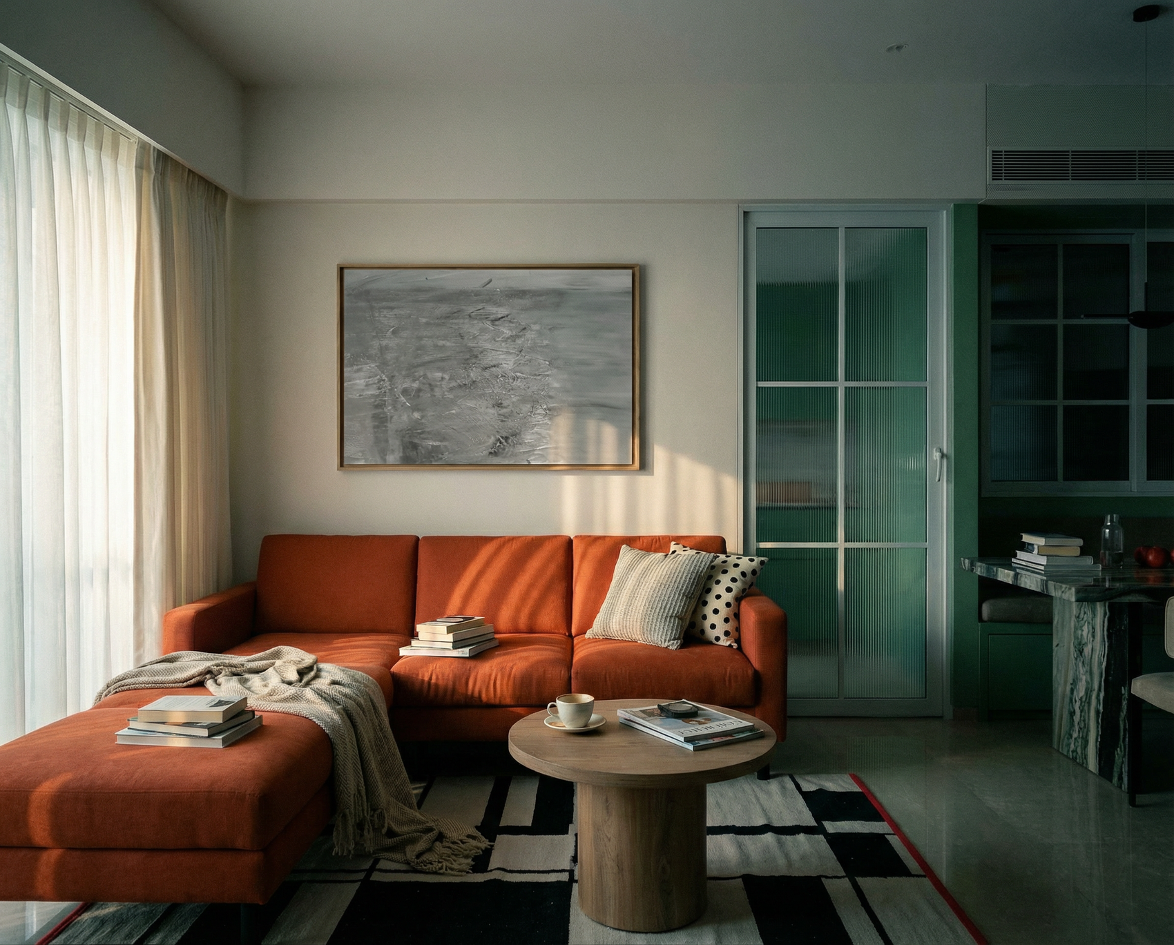 Modern living room with orange sectional sofa, coffee table, and artwork on the wall. Fade – Bold Abstract Canvas Wall Art | Large Luxury Print | Brume Art