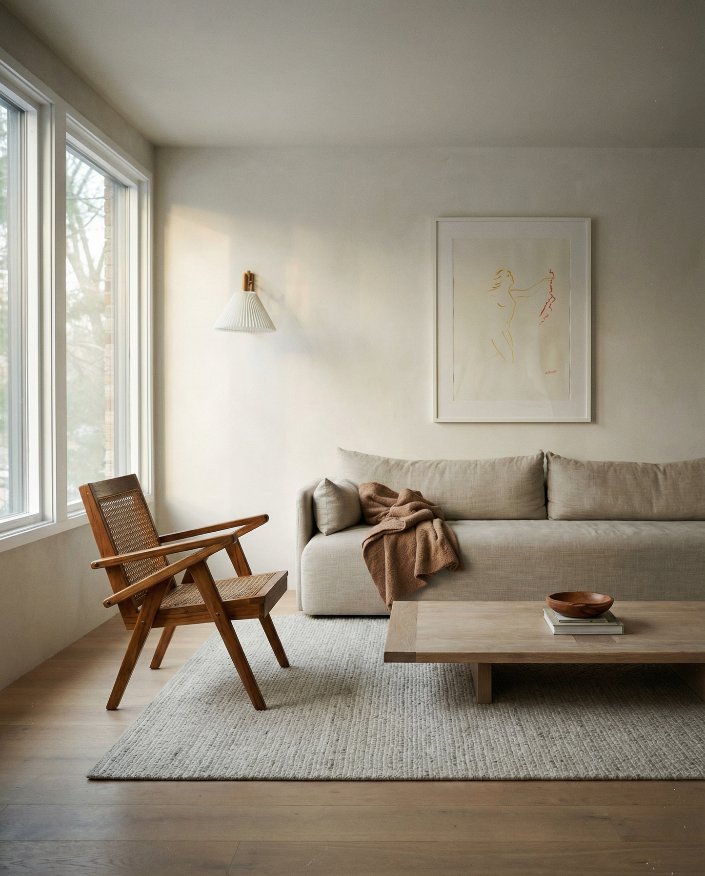 Modern living room with a wooden armchair, sofa, and coffee table. Reach – Figurative Abstract Canvas Print | Premium Wall Art | Brume Art