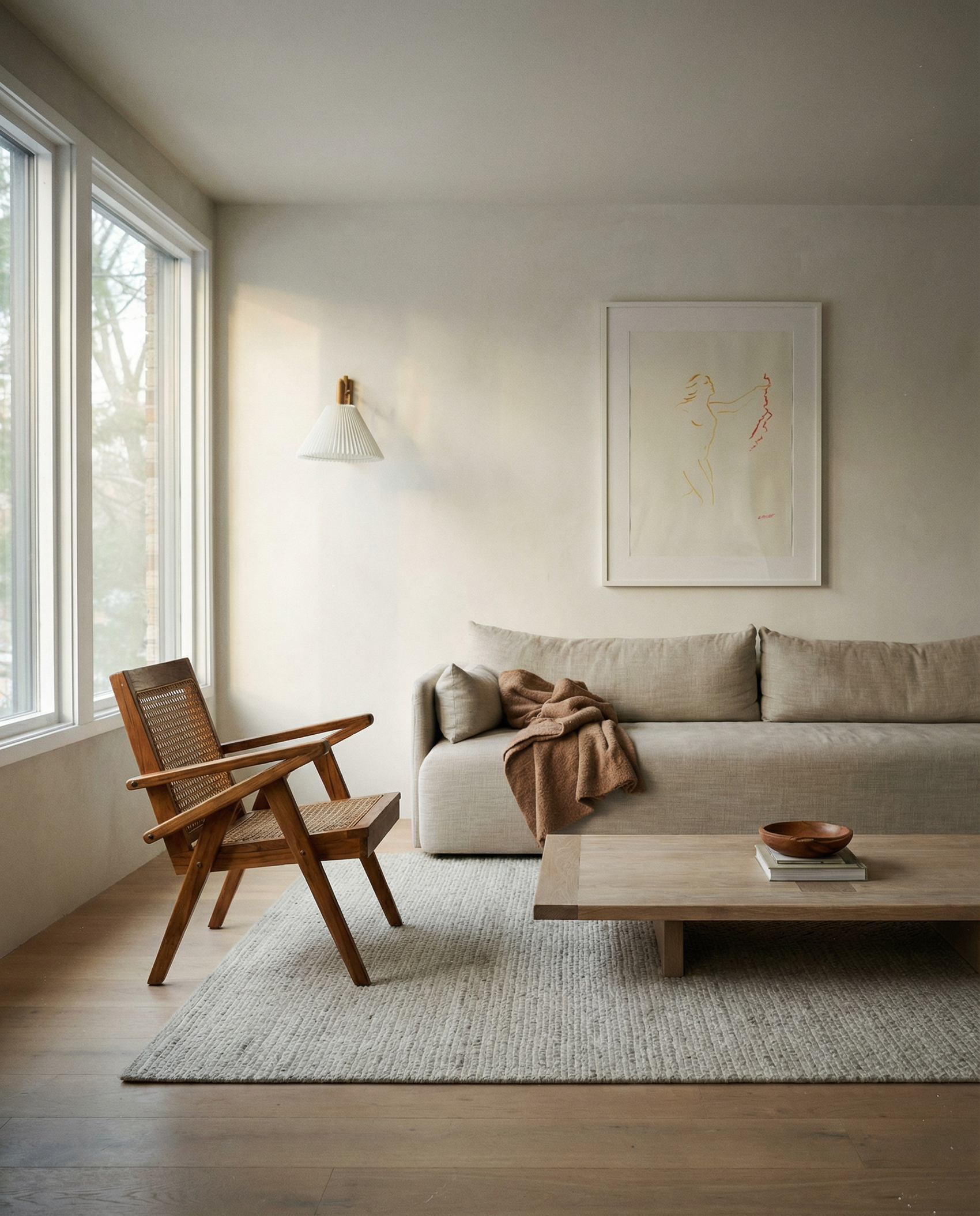 Modern living room with a wooden armchair, sofa, and coffee table. Reach – Figurative Abstract Canvas Print | Premium Wall Art | Brume Art