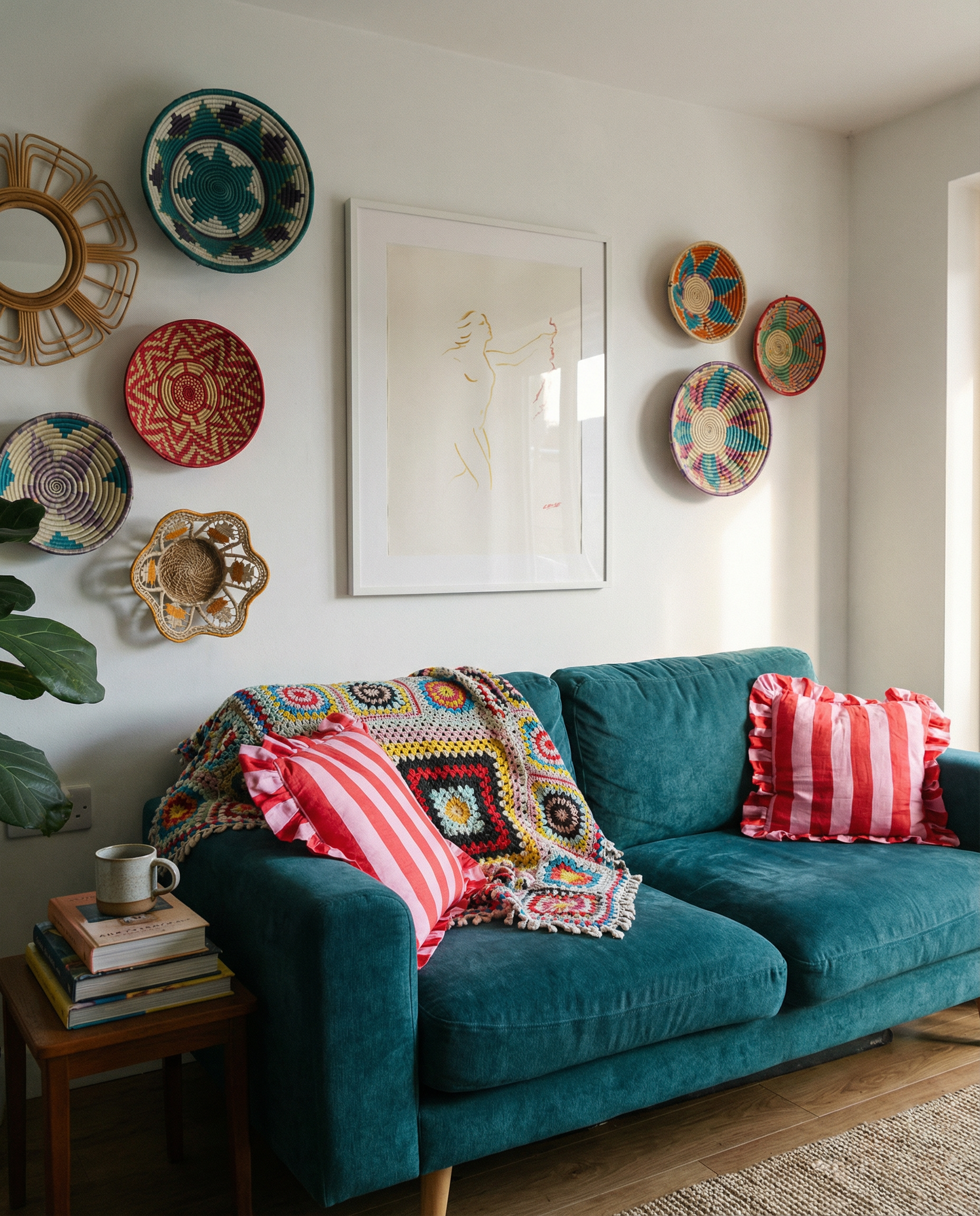 Living room with teal sofa, colorful pillows, and decorative plates on the wall. Reach – Figurative Abstract Canvas Print | Premium Wall Art | Brume Art