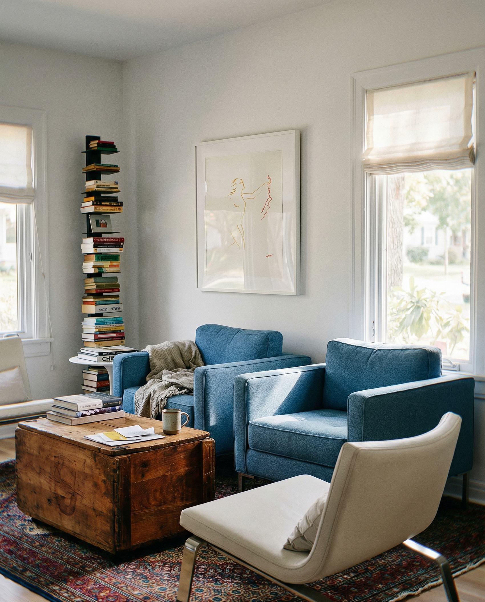 Living room with blue sofa, white armchair, and wooden coffee table. Reach – Figurative Abstract Canvas Print | Premium Wall Art | Brume Art