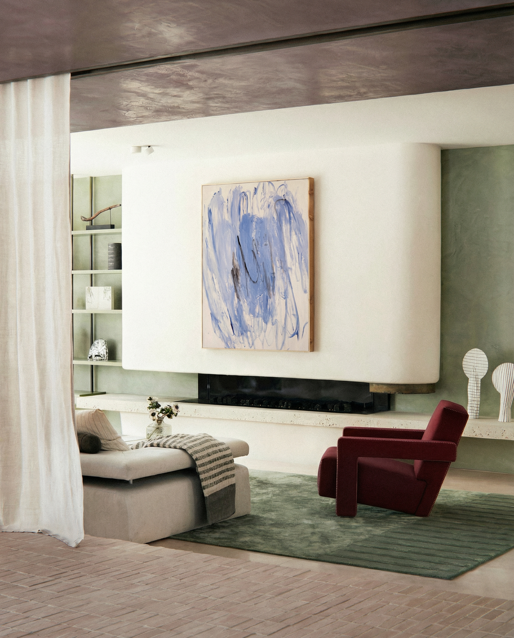 Modern living room with abstract painting, sofa, and chair. Veil – Contemporary Abstract Canvas | Oversized Luxury Wall Art | Brume Art | Luxury Wall Decor | Large Canvas Wall Art | Oversized Wall Hanging-Brume art