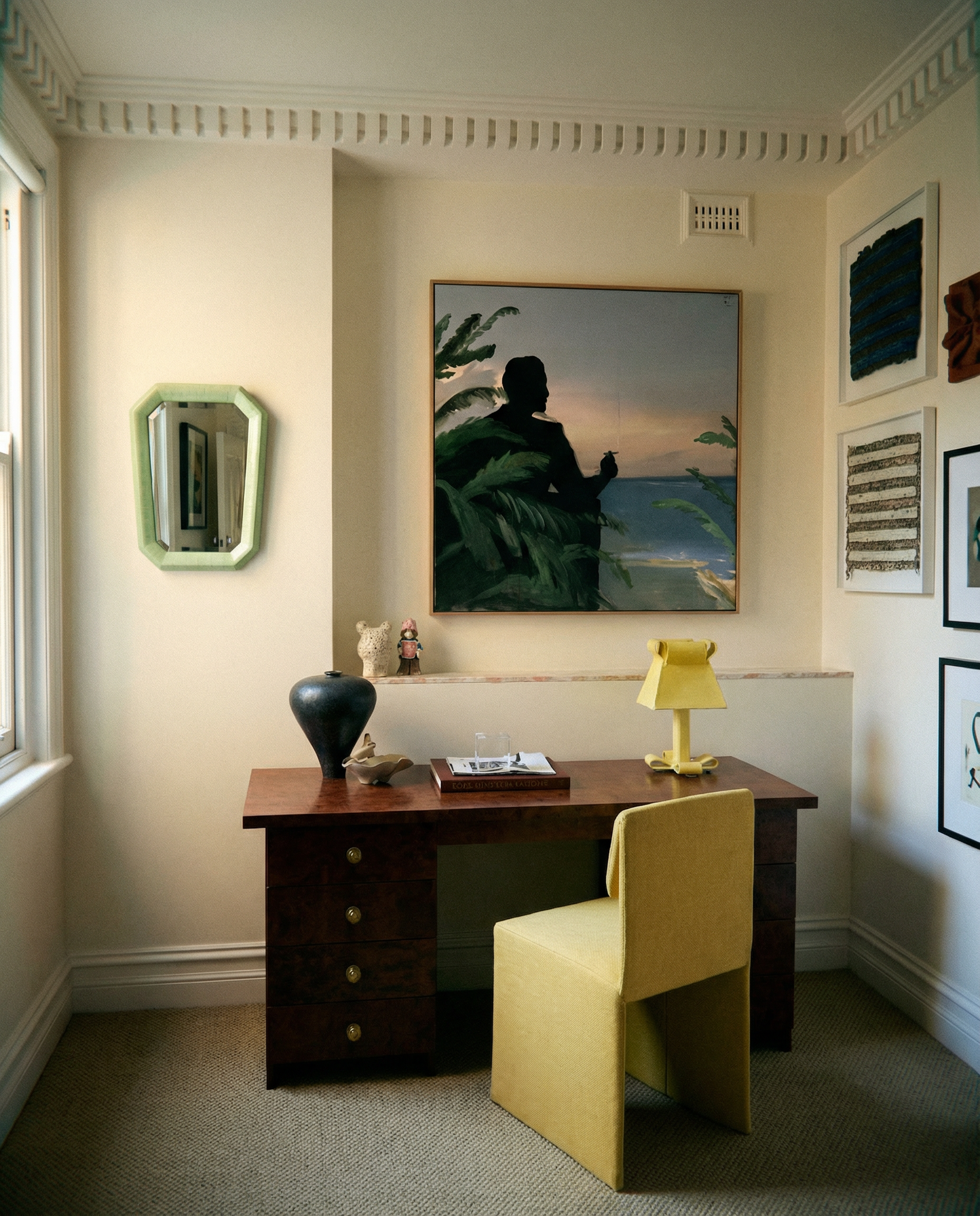 Home office with a desk, chair, and wall art in a well-lit room. Tycoon – Figurative Canvas Wall Art | Premium Luxury Print | Brume Art| Luxury Wall Decor | Large Canvas Wall Art | Oversized Wall Hanging-Brume art