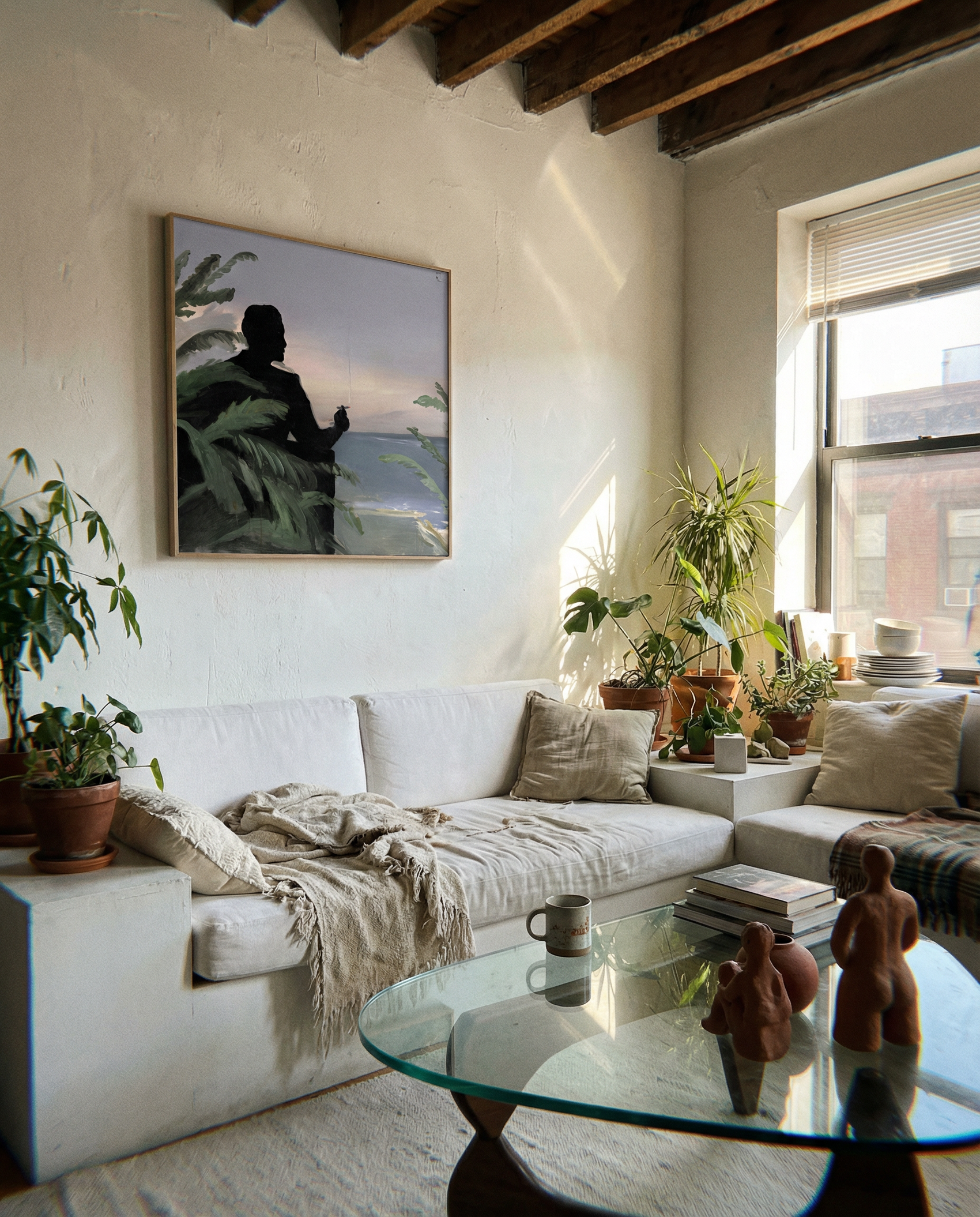 Cozy living room with a white sofa, glass coffee table, and decorative elements. Tycoon – Figurative Canvas Wall Art | Premium Luxury Print | Brume Art| Luxury Wall Decor | Large Canvas Wall Art | Oversized Wall Hanging-Brume art