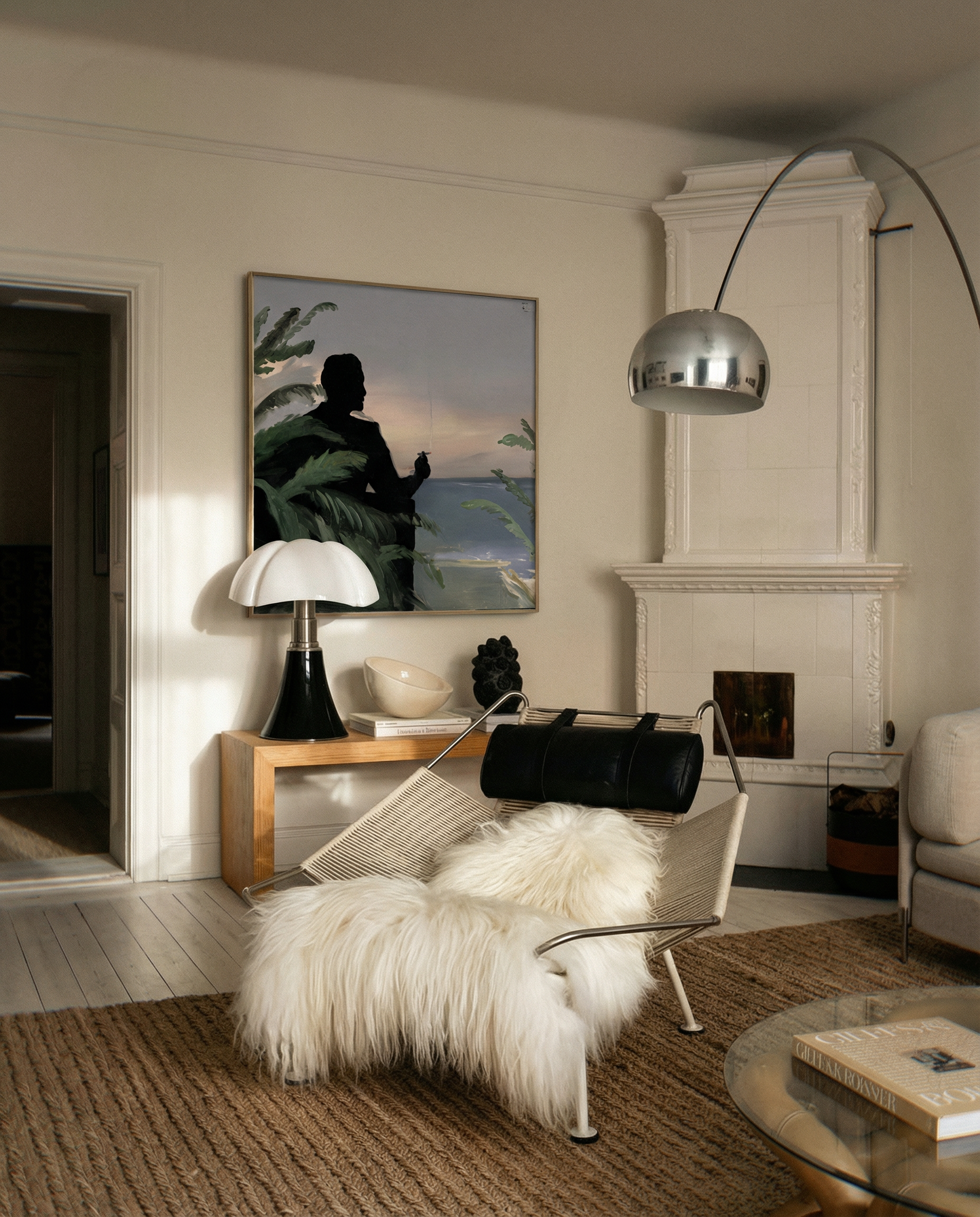 Modern living room with a chair, rug, and artwork on a wall. Tycoon – Figurative Canvas Wall Art | Premium Luxury Print | Brume Art| Luxury Wall Decor | Large Canvas Wall Art | Oversized Wall Hanging-Brume art