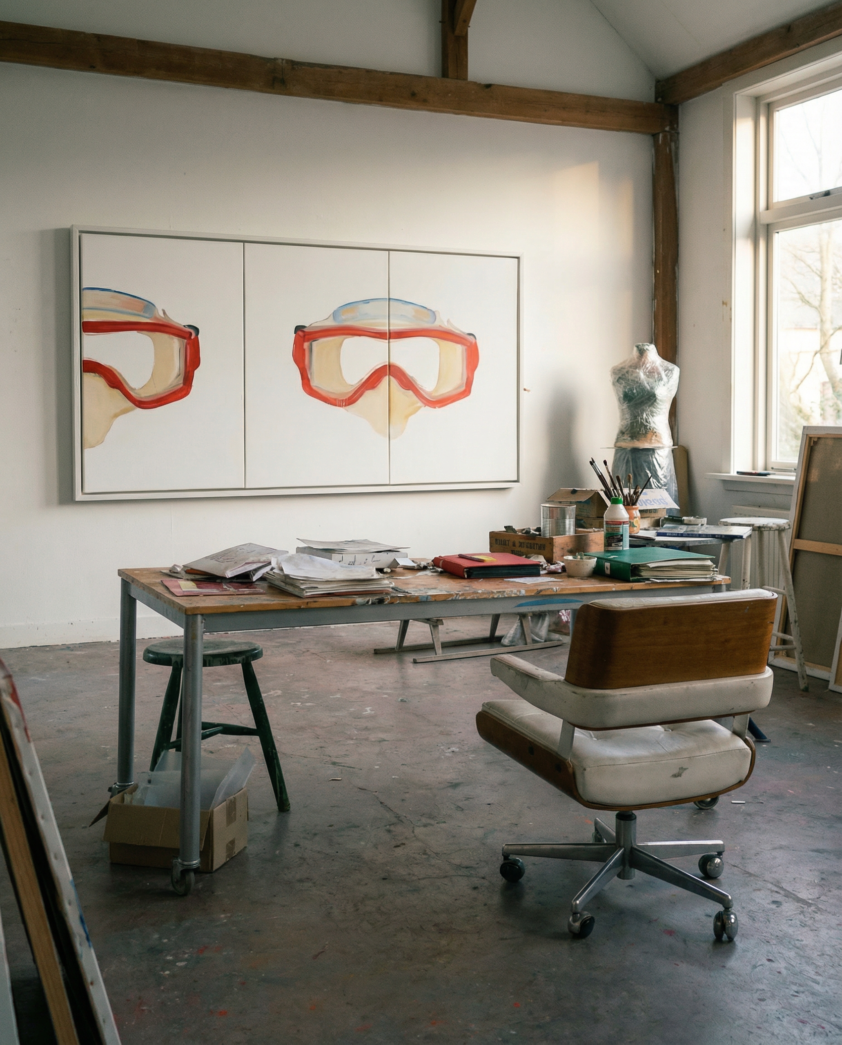 Home office with a desk, chair, and artwork on the wall. Diving Mask – Unique Figurative Canvas Art | Premium Wall Decor | Brume Art | Luxury Wall Decor | Large Canvas Wall Art | Oversized Wall Hanging-Brume art