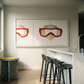 Modern kitchen with a large abstract painting of goggles on the wall. Diving Mask – Unique Figurative Canvas Art | Premium Wall Decor | Brume Art | Luxury Wall Decor | Large Canvas Wall Art | Oversized Wall Hanging-Brume art