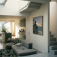 Modern living room with gray sectional sofa, staircase, and artwork on wall. Tycoon – Figurative Canvas Wall Art | Premium Luxury Print | Brume Art| Luxury Wall Decor | Large Canvas Wall Art | Oversized Wall Hanging-Brume art