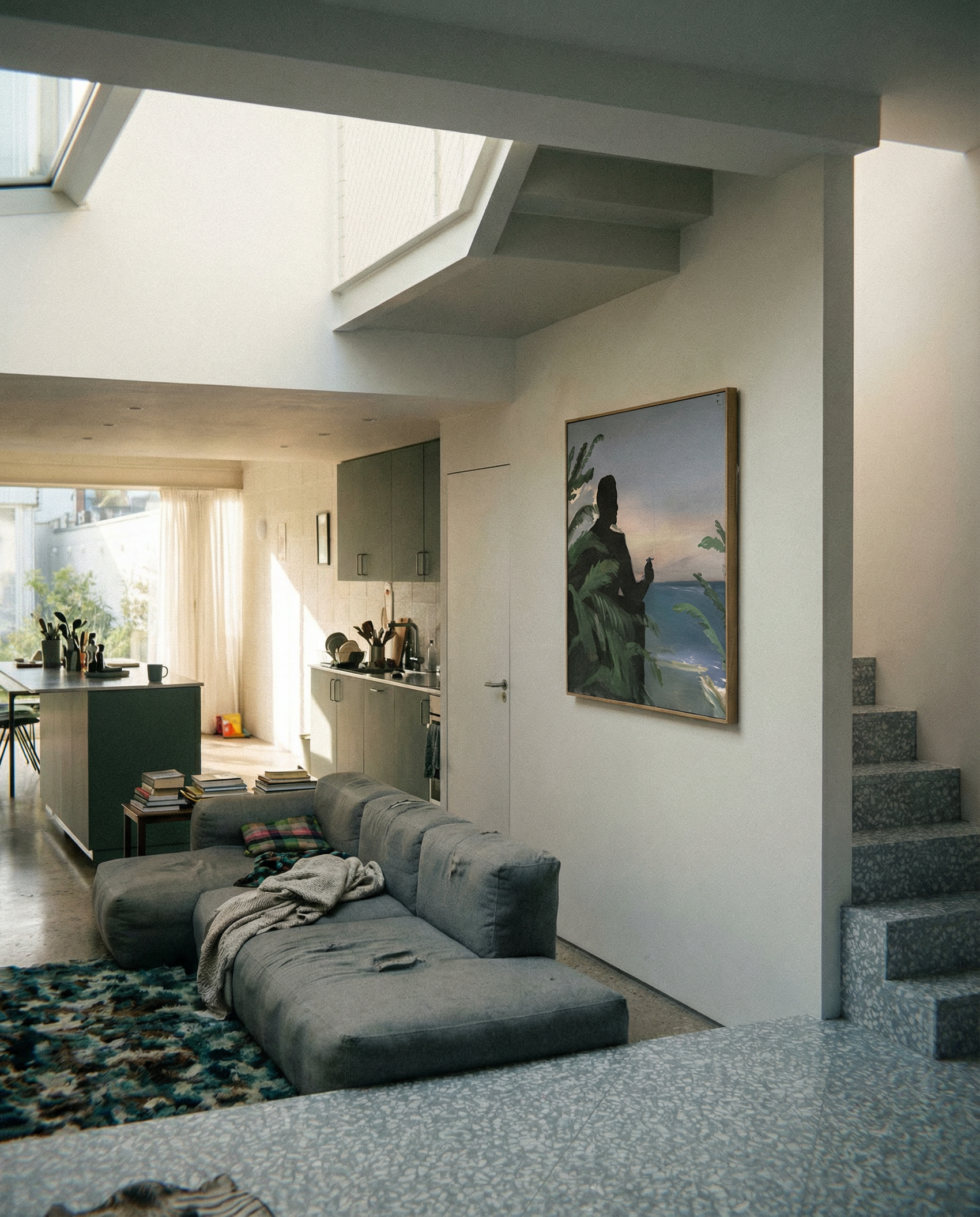 Modern living room with gray sectional sofa, staircase, and artwork on wall. Tycoon – Figurative Canvas Wall Art | Premium Luxury Print | Brume Art| Luxury Wall Decor | Large Canvas Wall Art | Oversized Wall Hanging-Brume art