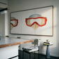 Modern interior with a large abstract art piece on the wall above a dining table. Diving Mask – Unique Figurative Canvas Art | Premium Wall Decor | Brume Art | Luxury Wall Decor | Large Canvas Wall Art | Oversized Wall Hanging-Brume art
