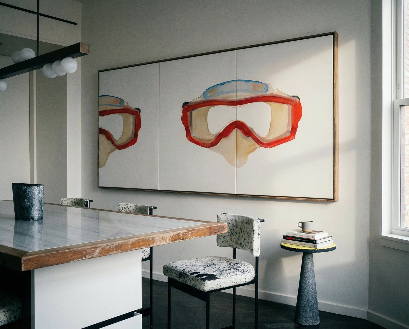 Modern interior with a large abstract art piece on the wall above a dining table. Diving Mask – Unique Figurative Canvas Art | Premium Wall Decor | Brume Art | Luxury Wall Decor | Large Canvas Wall Art | Oversized Wall Hanging-Brume art