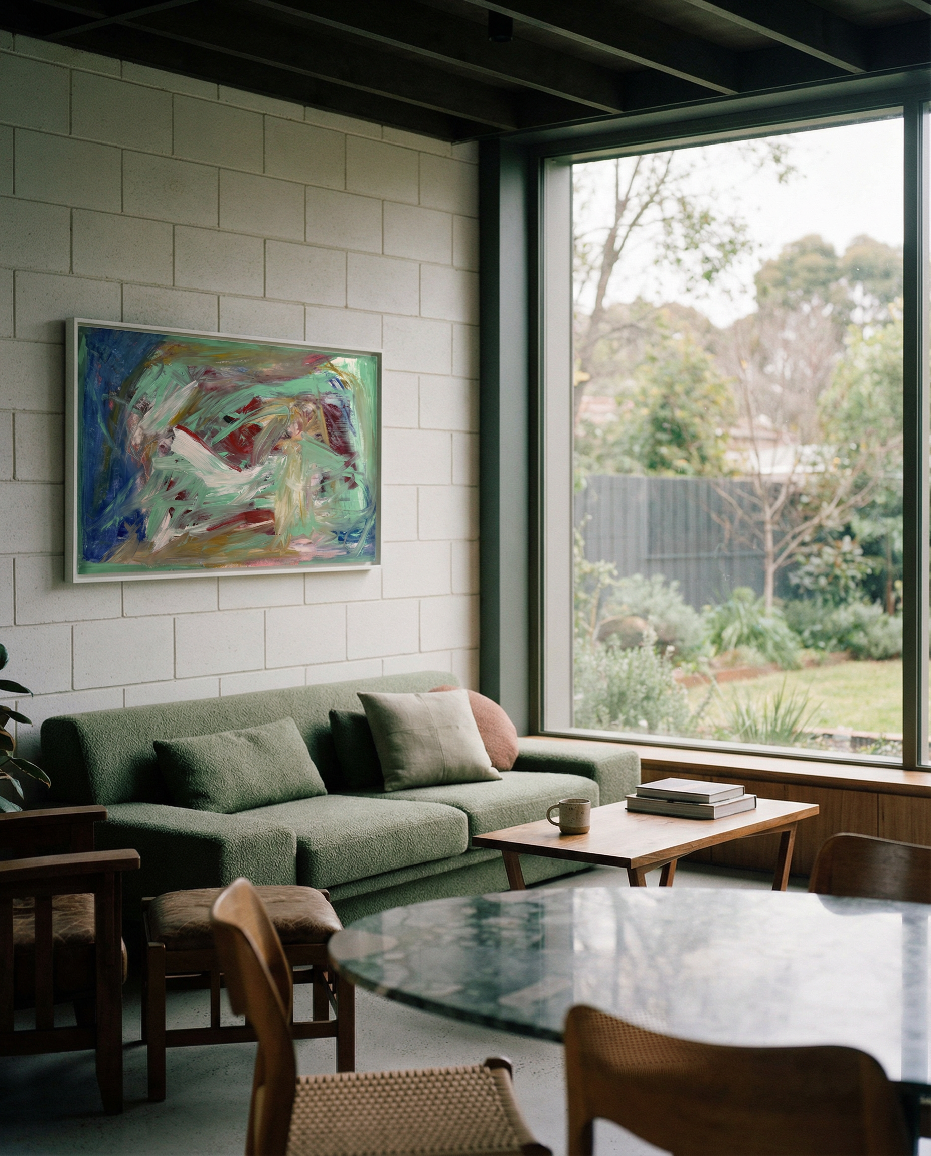 Modern living room with green sofa, abstract painting, and large window view. Depth – Bold Abstract Canvas Print | Large Luxury Wall Art | Brume Art