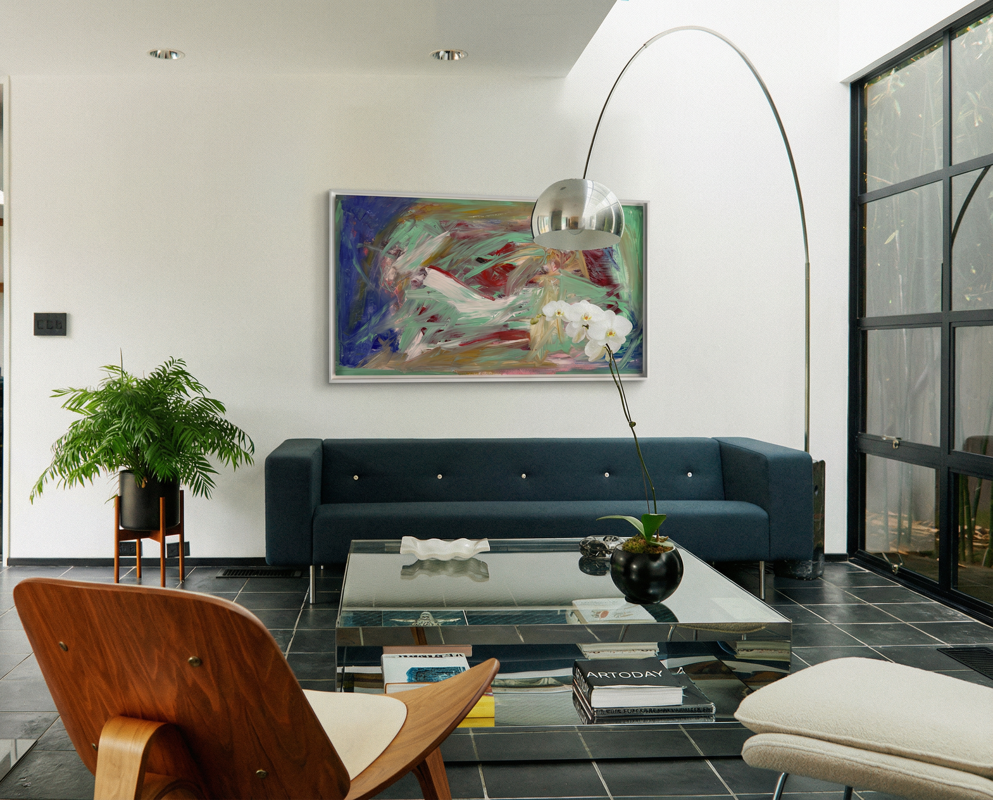 Modern living room with a blue sofa, wooden chair, and abstract painting on the wall. Depth – Bold Abstract Canvas Print | Large Luxury Wall Art | Brume Art