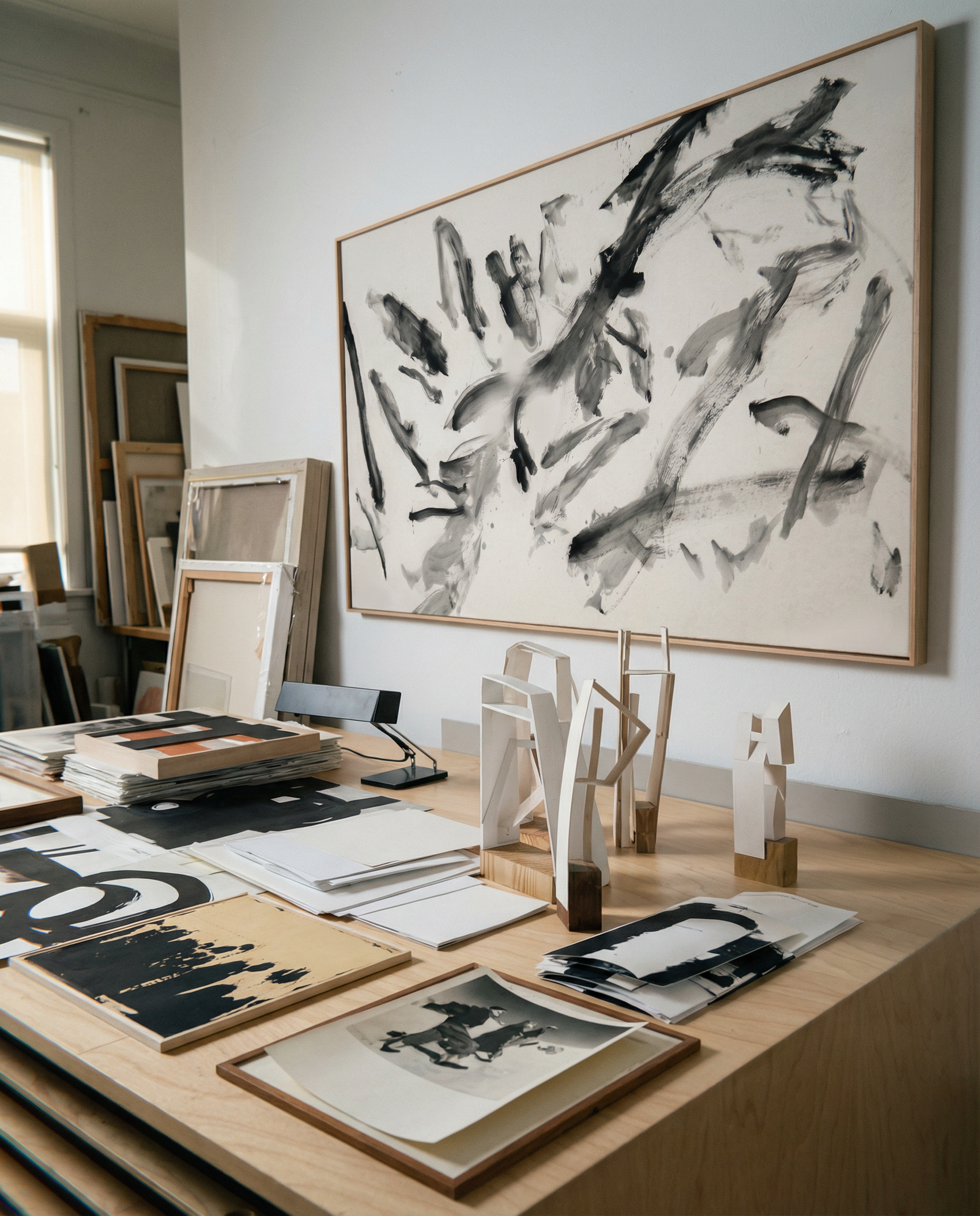 Artistic workspace with framed artwork and prints on a wooden desk. Ink 2 – Abstract Ink Canvas Wall Art | Oversized Luxury Print | Brume Art