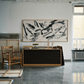 Modern interior with abstract painting on a white wall, wooden furniture, and large windows. Ink 2 – Abstract Ink Canvas Wall Art | Oversized Luxury Print | Brume Art