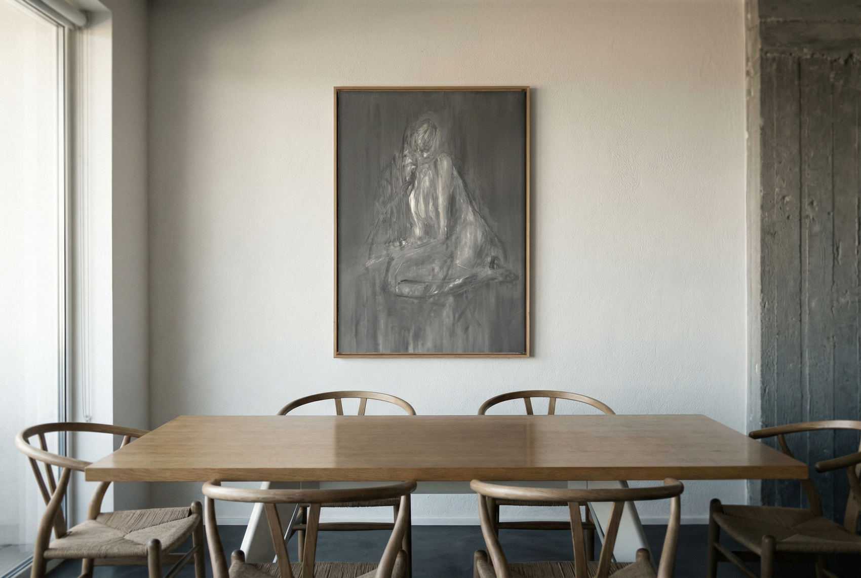 Dining room with wooden table and chairs, and a framed artwork on the wall. Still 2 – Serene Abstract Canvas Print | Premium Luxury Wall Art | Brume Art