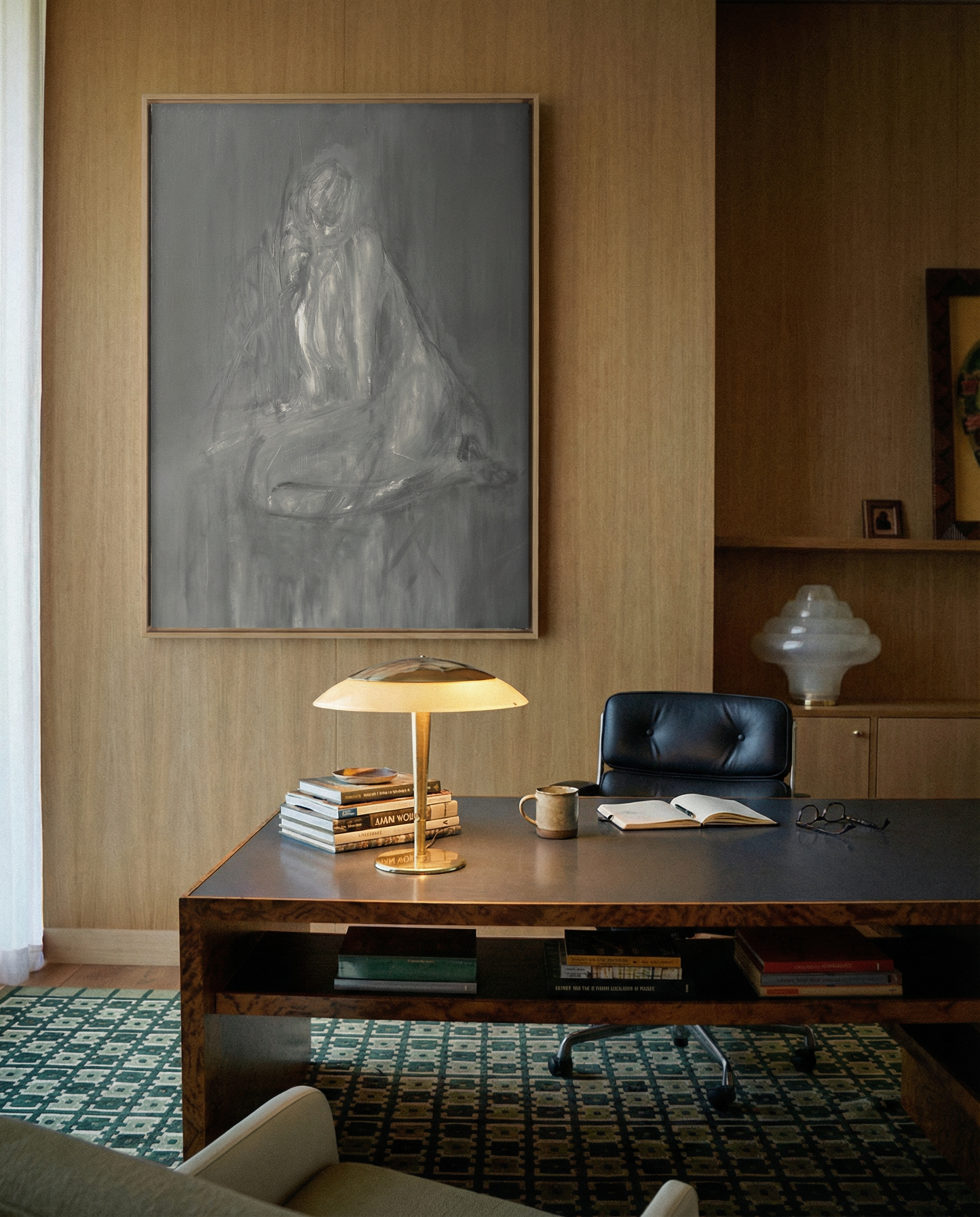 Modern office interior with a desk, lamp, and artwork on a wall. Still 2 – Serene Abstract Canvas Print | Premium Luxury Wall Art | Brume Art