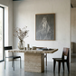 Modern dining room with a stone table, chairs, and a large painting on the wall. Still 2 – Serene Abstract Canvas Print | Premium Luxury Wall Art | Brume Art