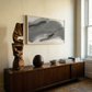 Wooden sideboard with decorative items in a room with a large window. Fade 3 – Minimalist Abstract Canvas Art | Large Luxury Wall Print | Brume Art | Luxury Wall Decor | Large Canvas Wall Art | Oversized Wall Hanging-Brume art