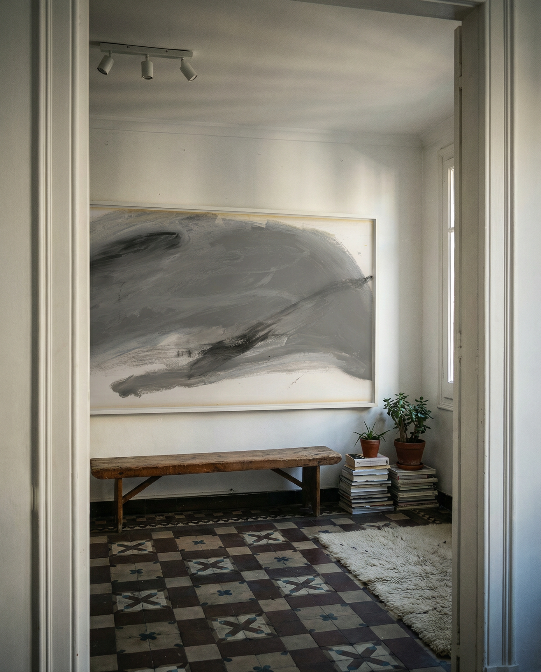 Living room with abstract painting, wooden bench, and patterned rug. Fade 3 – Minimalist Abstract Canvas Art | Large Luxury Wall Print | Brume Art | Luxury Wall Decor | Large Canvas Wall Art | Oversized Wall Hanging-Brume art
