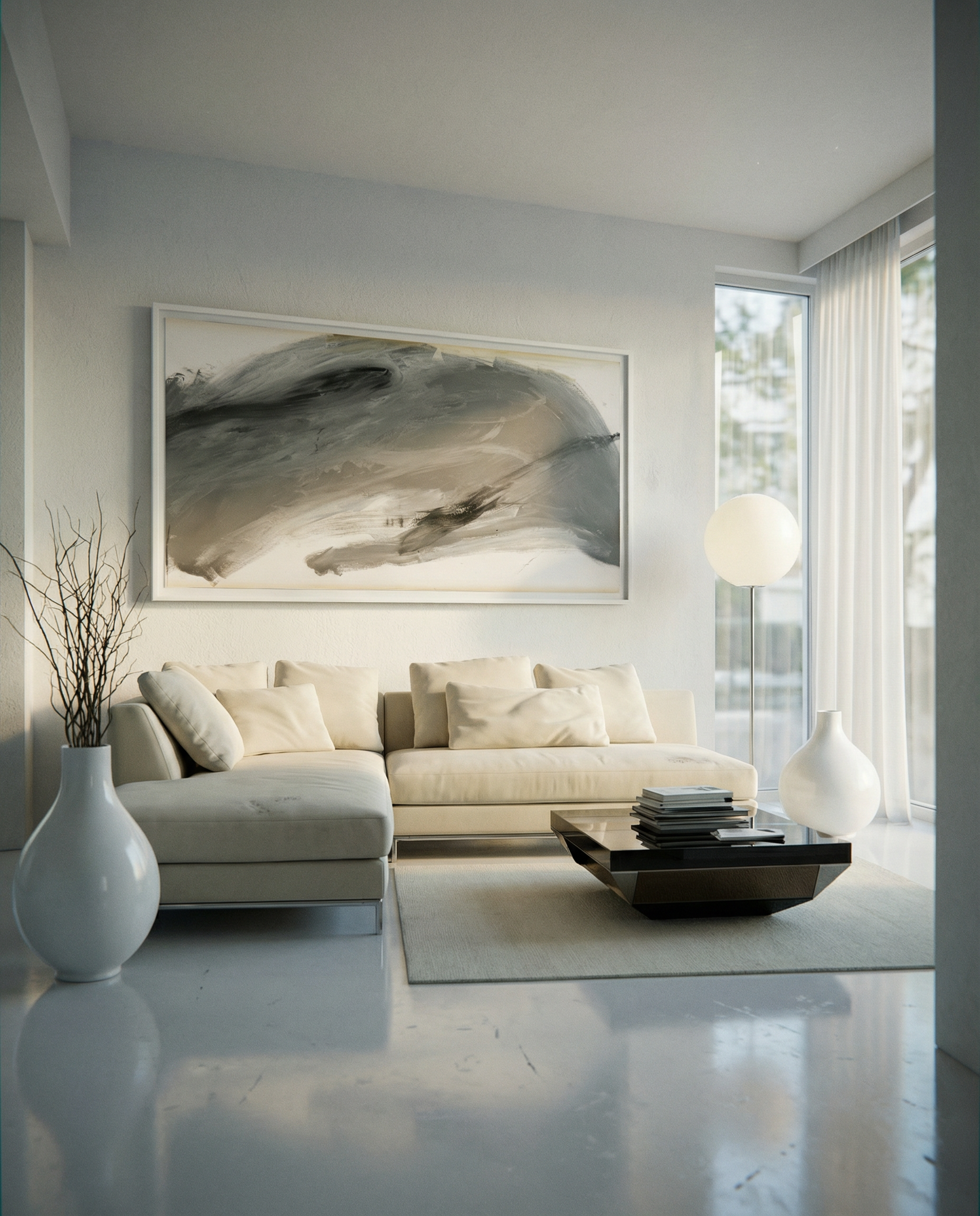 Modern living room with a beige sofa, abstract painting, and decorative items. Fade 3 – Minimalist Abstract Canvas Art | Large Luxury Wall Print | Brume Art | Luxury Wall Decor | Large Canvas Wall Art | Oversized Wall Hanging-Brume art