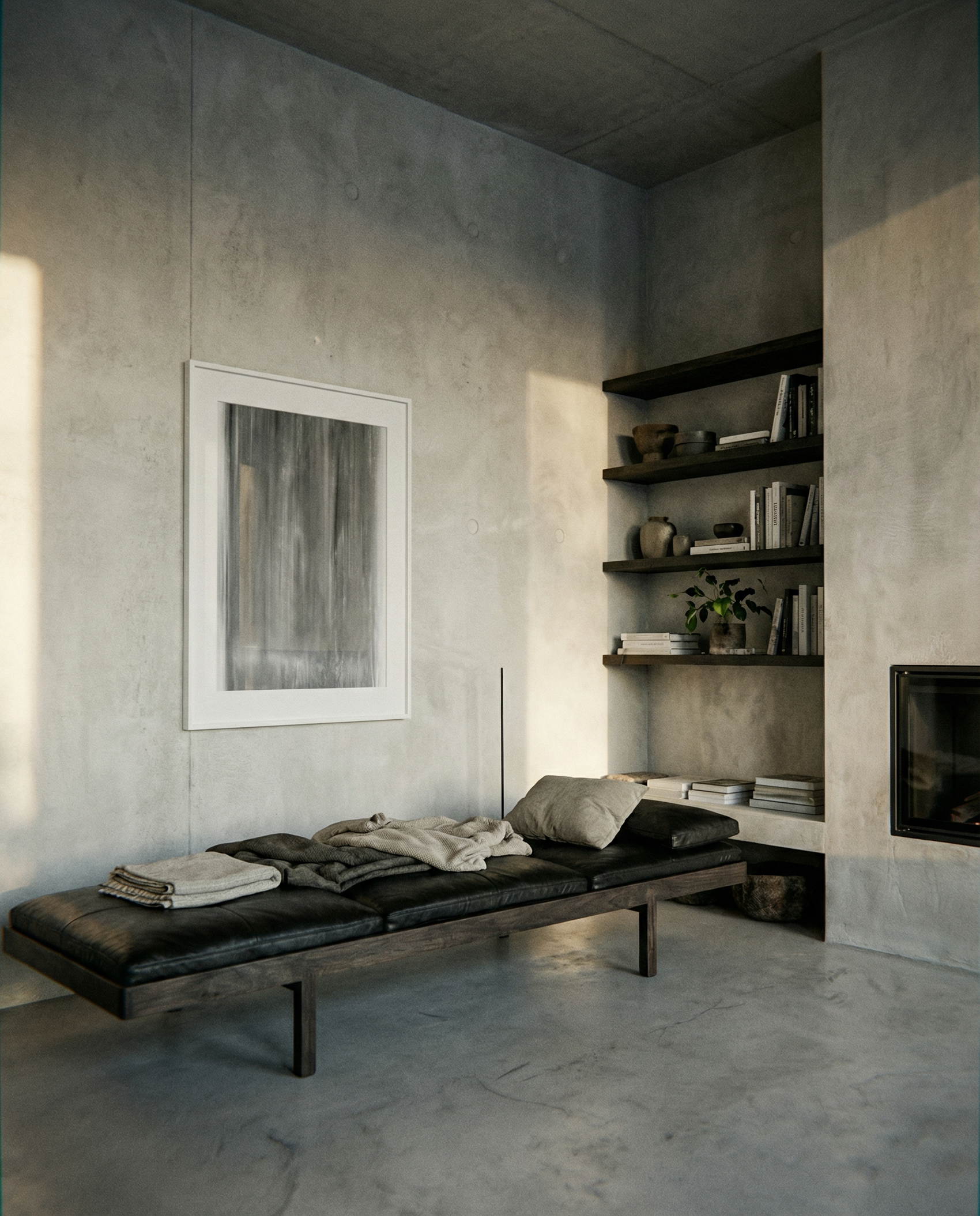 Modern living room with concrete walls, a black leather bench, and shelves with books and decor. fade 2 – Minimalist Abstract Canvas Art | Large Luxury Wall Print | Brume Art | Luxury Wall Decor | Large Canvas Wall Art | Oversized Wall Hanging-Brume art