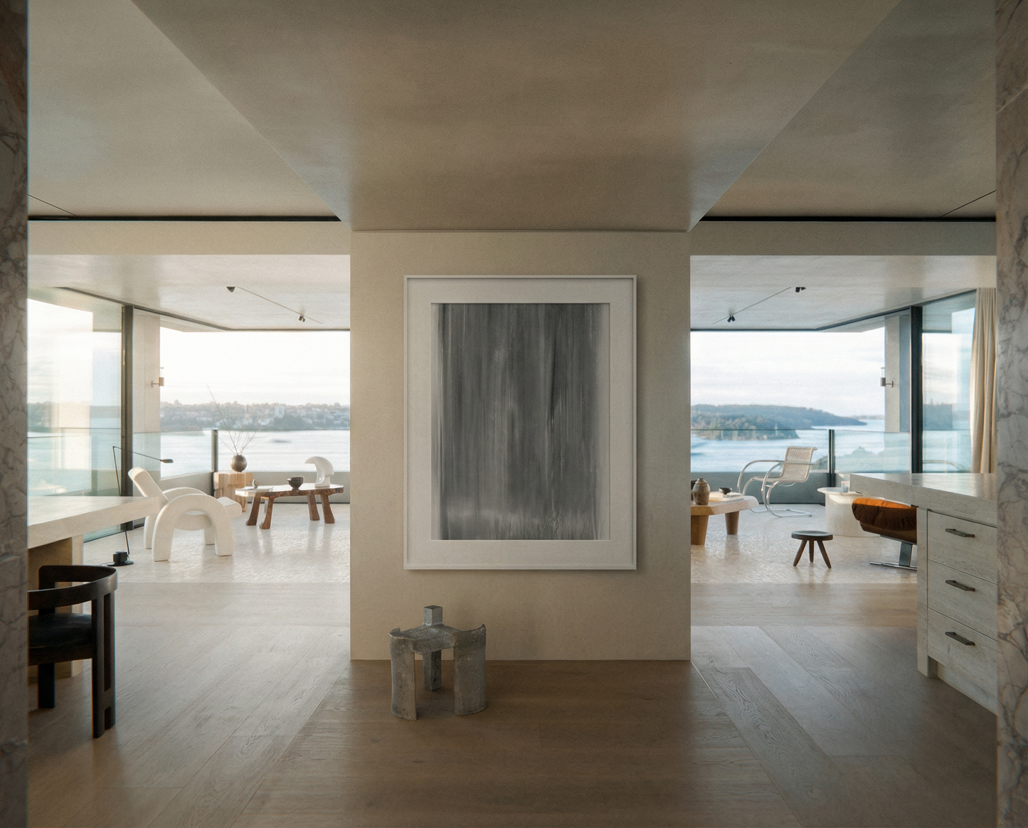Modern interior with a large abstract painting on a wall, large windows, and minimal decor. fade 2 – Minimalist Abstract Canvas Art | Large Luxury Wall Print | Brume Art | Luxury Wall Decor | Large Canvas Wall Art | Oversized Wall Hanging-Brume art