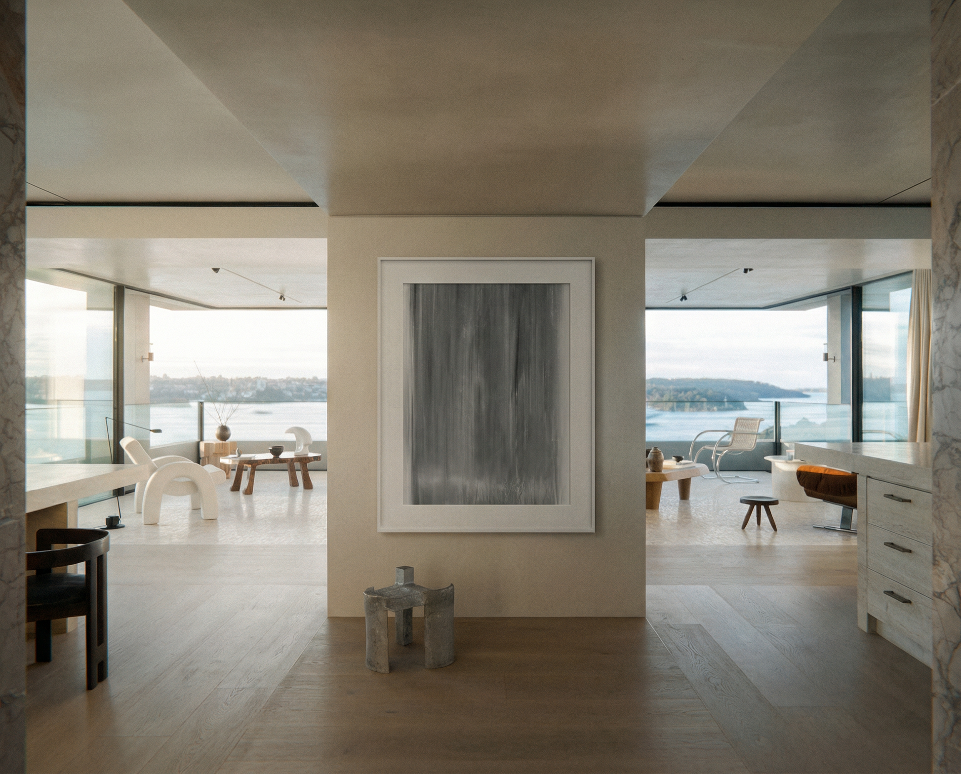 Modern interior with a large abstract painting on a wall, large windows, and minimal decor. fade 2 – Minimalist Abstract Canvas Art | Large Luxury Wall Print | Brume Art | Luxury Wall Decor | Large Canvas Wall Art | Oversized Wall Hanging-Brume art