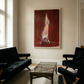 Living room with black sofa, coffee table, and a large painting of a dog on a red background. Painting of a dog standing on its hind legs against a red background Suspension – Nature Canvas Wall Art | Large Luxury Print | Brume Art