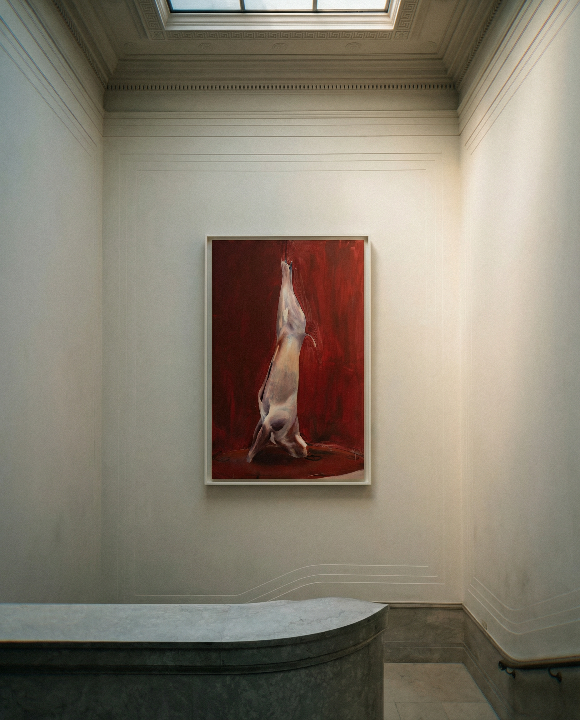 Artistic depiction of a nude figure on a red background in an elegant room. Painting of a dog standing on its hind legs against a red background Suspension – Nature Canvas Wall Art | Large Luxury Print | Brume Art