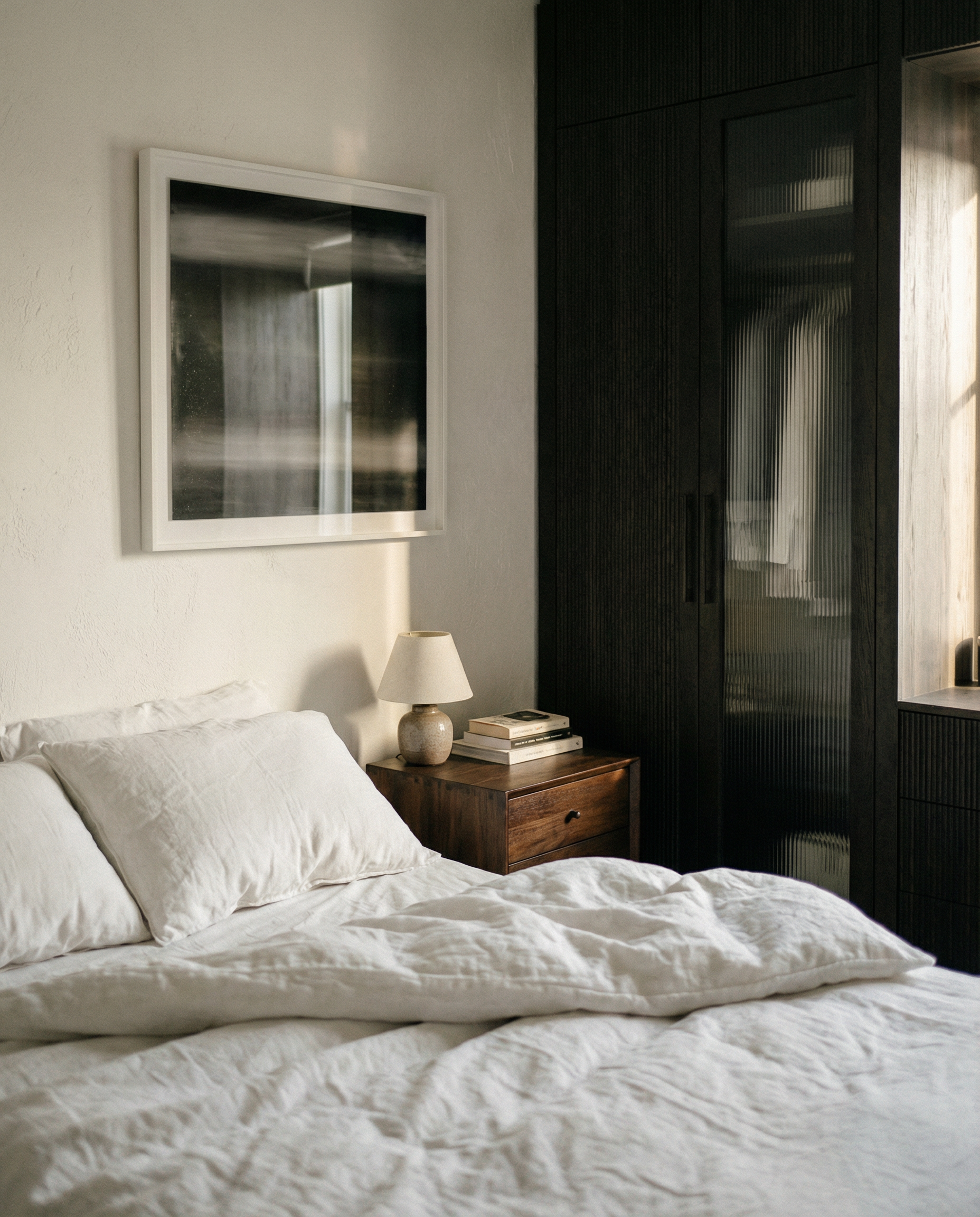 Neatly made bed in a bedroom with a dark wardrobe and framed abstract art on the wall. Horizon 2 – Bold Abstract Canvas Wall Art | Premium Luxury Print | Brume Art