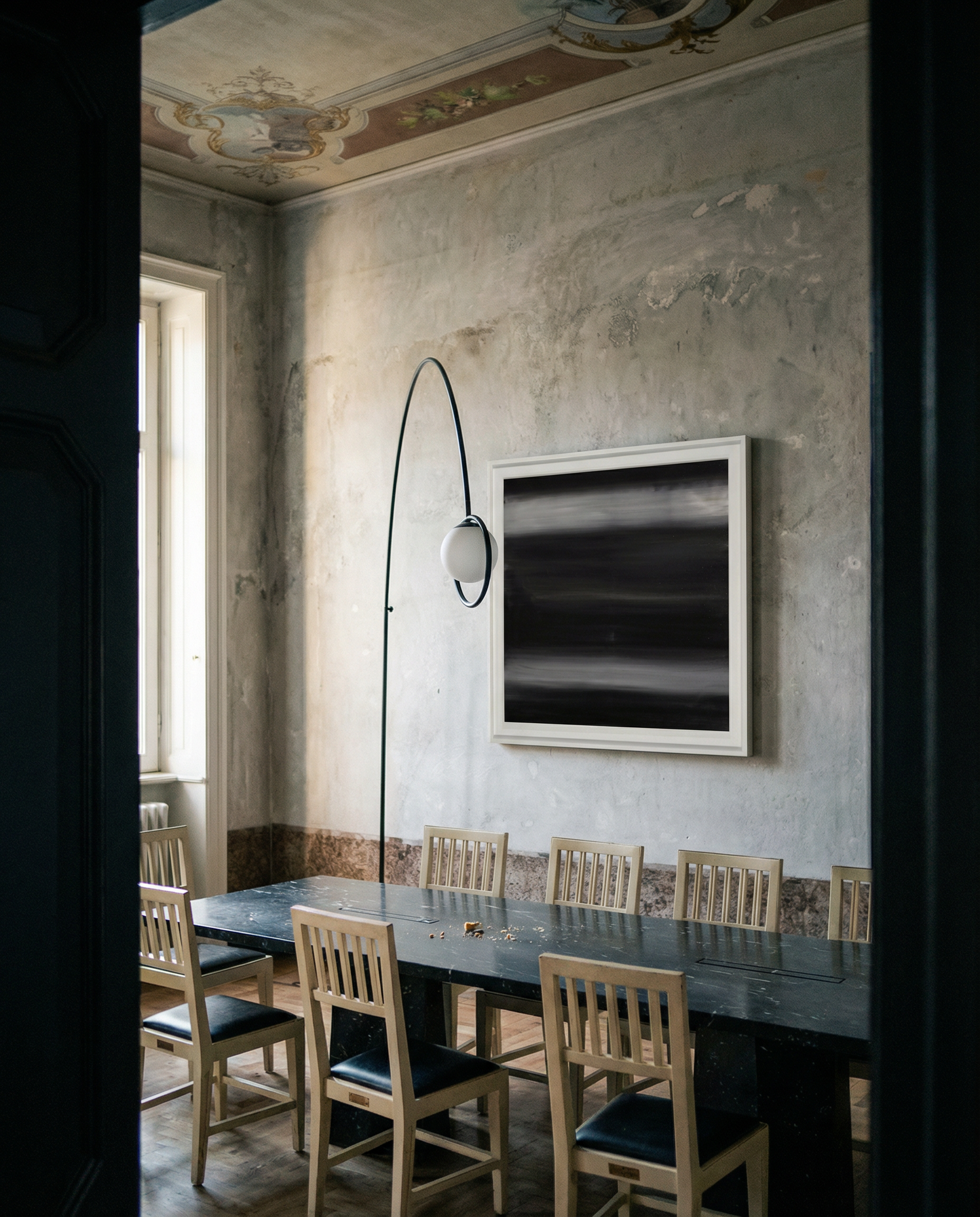 Dining room with a long table and chairs, featuring a modern painting on the wall. Horizon 2 – Bold Abstract Canvas Wall Art | Premium Luxury Print | Brume Art