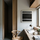 Modern home office with wooden desk, chair, and abstract painting on the wall. Horizon 2 – Bold Abstract Canvas Wall Art | Premium Luxury Print | Brume Art