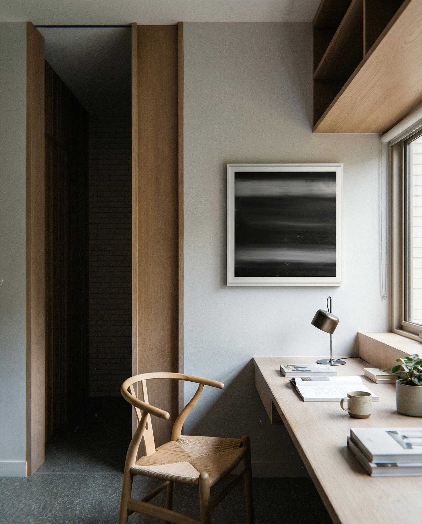 Modern home office with wooden desk, chair, and abstract painting on the wall. Horizon 2 – Bold Abstract Canvas Wall Art | Premium Luxury Print | Brume Art