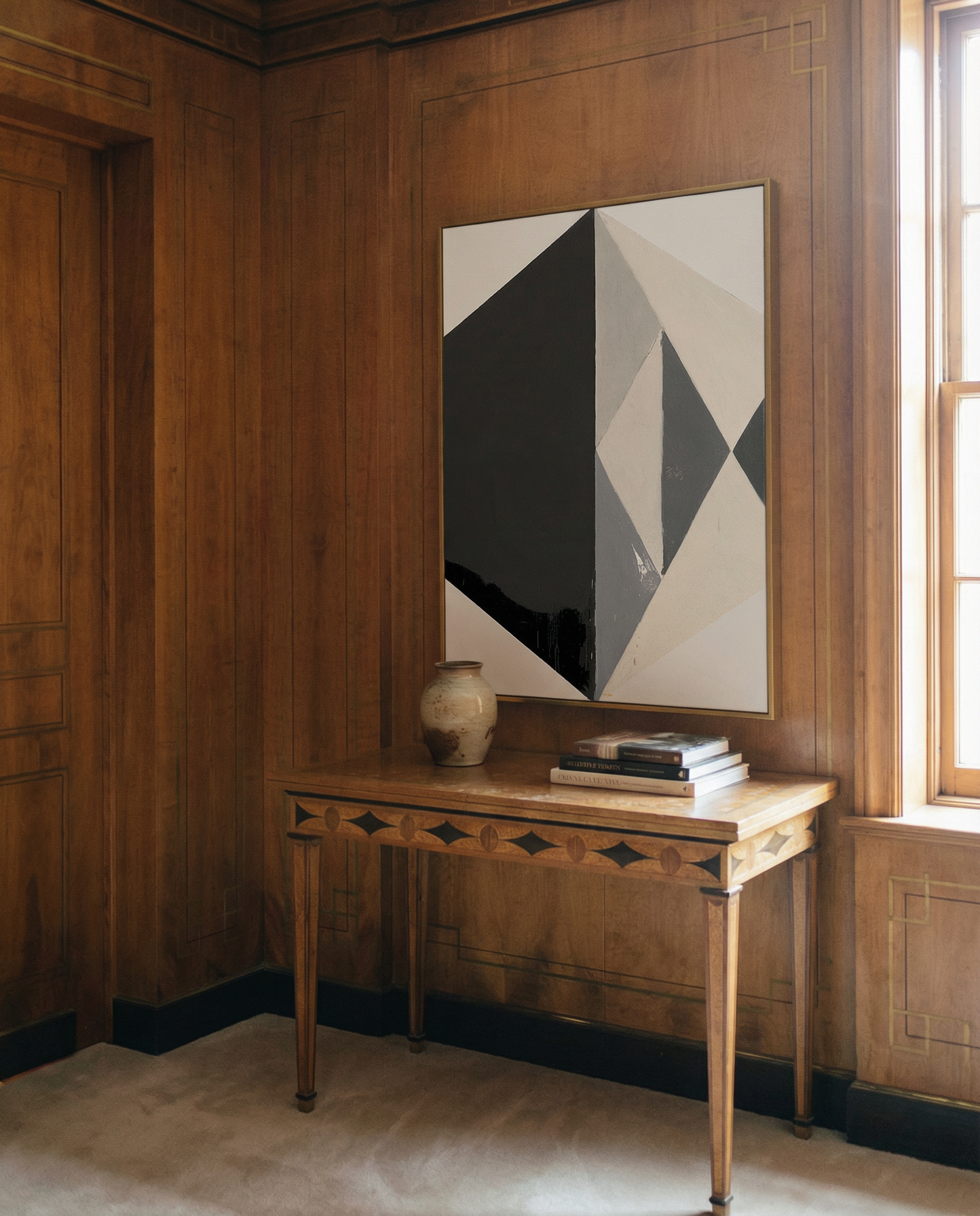 Wooden table with a vase and books against a wall with geometric art Rhombus – Minimalist Abstract Canvas Art | Large Luxury Wall Decor | Brume Art| Luxury Wall Decor | Large Canvas Wall Art | Oversized Wall Hanging-Brume art