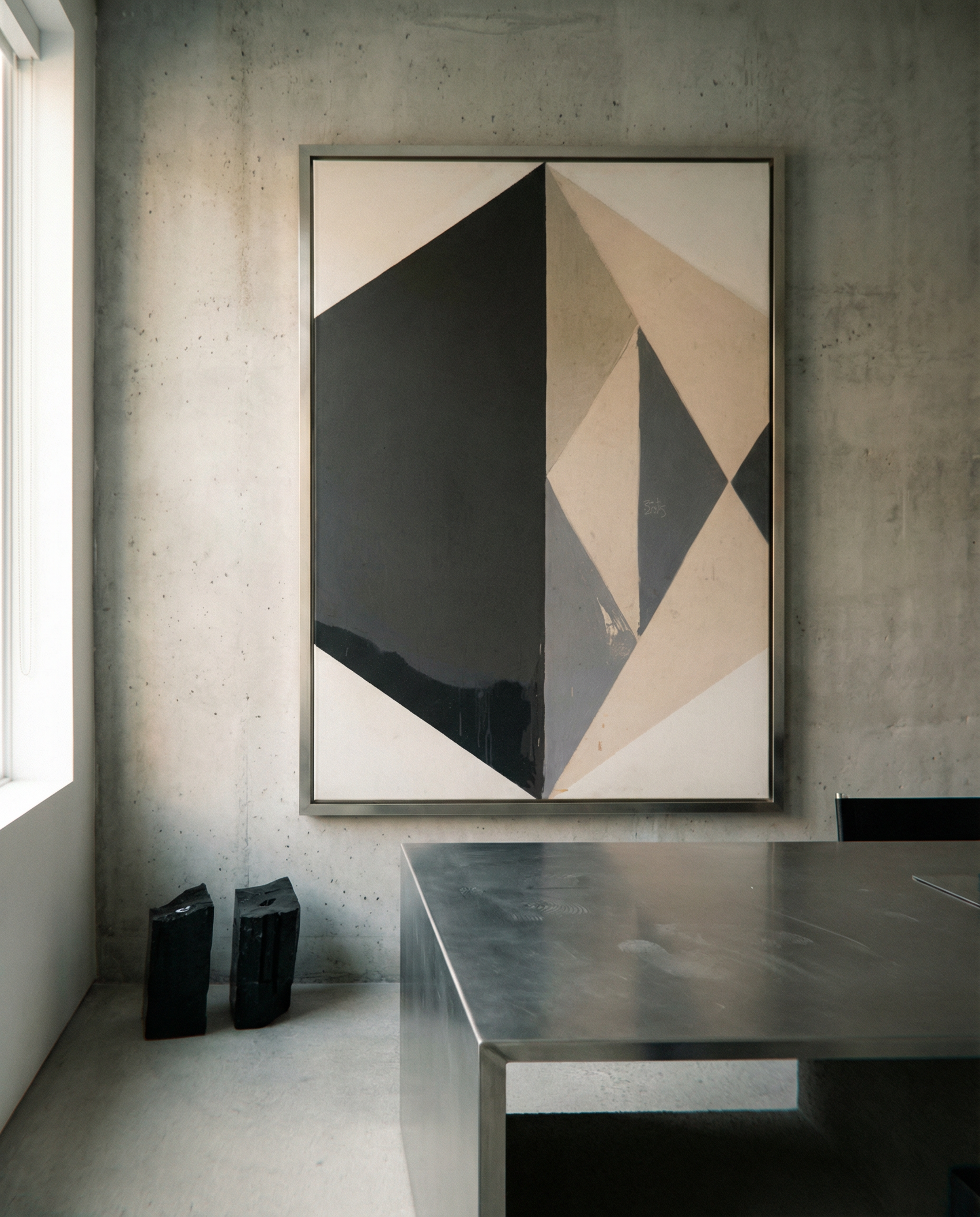 Abstract geometric art piece on a concrete wall with a modern interior setting. Rhombus – Minimalist Abstract Canvas Art | Large Luxury Wall Decor | Brume Art| Luxury Wall Decor | Large Canvas Wall Art | Oversized Wall Hanging-Brume art