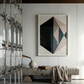 Modern interior with a geometric art piece on the wall, a stone bench, and decorative elements. Rhombus – Minimalist Abstract Canvas Art | Large Luxury Wall Decor | Brume Art| Luxury Wall Decor | Large Canvas Wall Art | Oversized Wall Hanging-Brume art