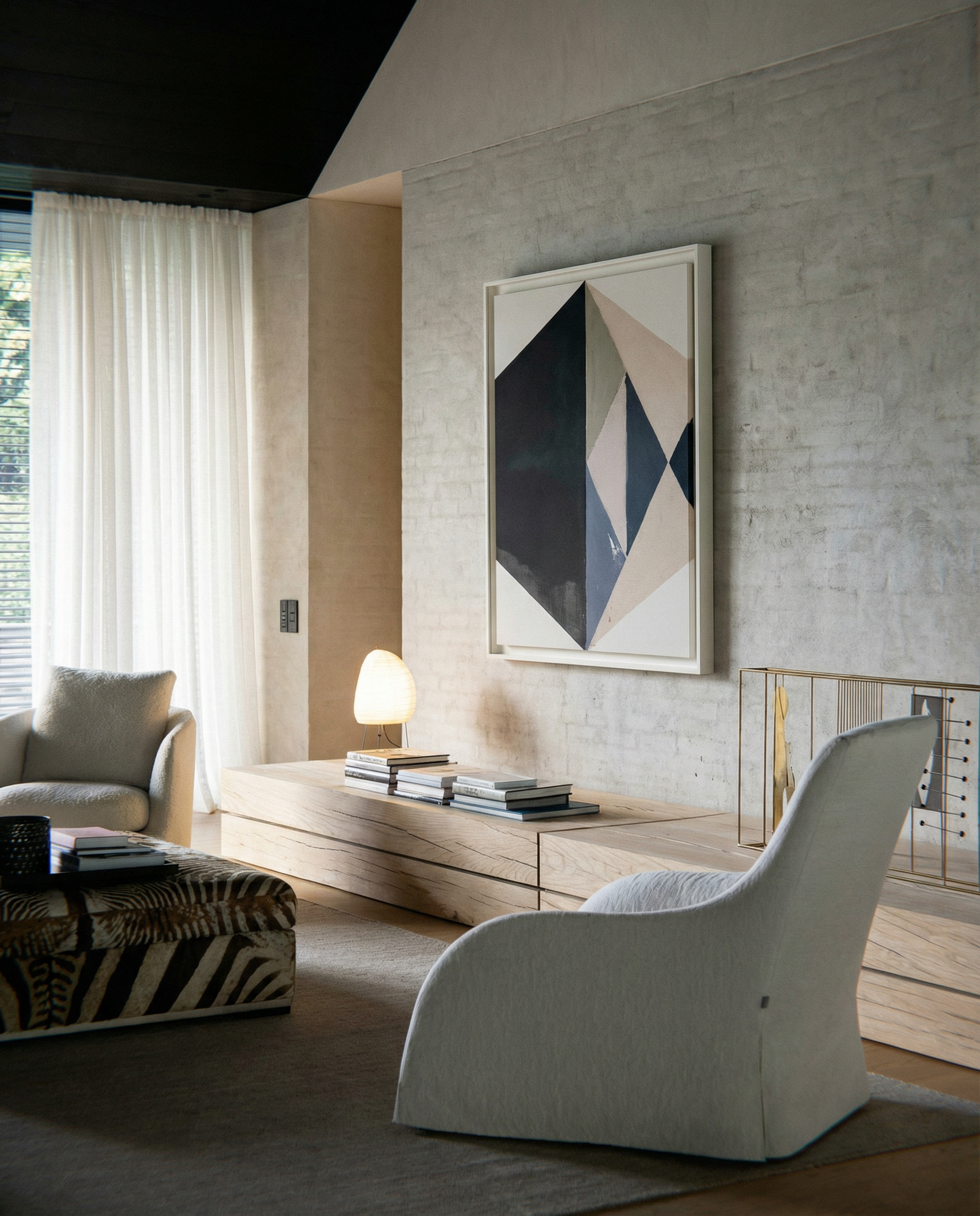 Modern living room with a geometric abstract painting on the wall. Rhombus – Minimalist Abstract Canvas Art | Large Luxury Wall Decor | Brume Art| Luxury Wall Decor | Large Canvas Wall Art | Oversized Wall Hanging-Brume art