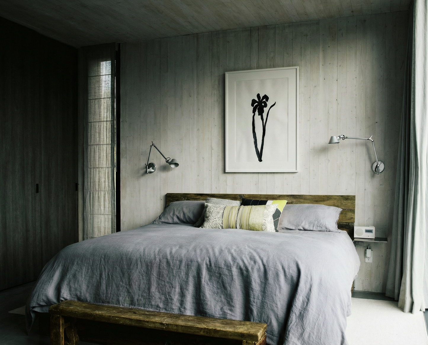 Modern bedroom with gray bedding, wooden headboard, and wall art. Blossom – Botanical Canvas Wall Art | Large Luxury Print | Brume Art