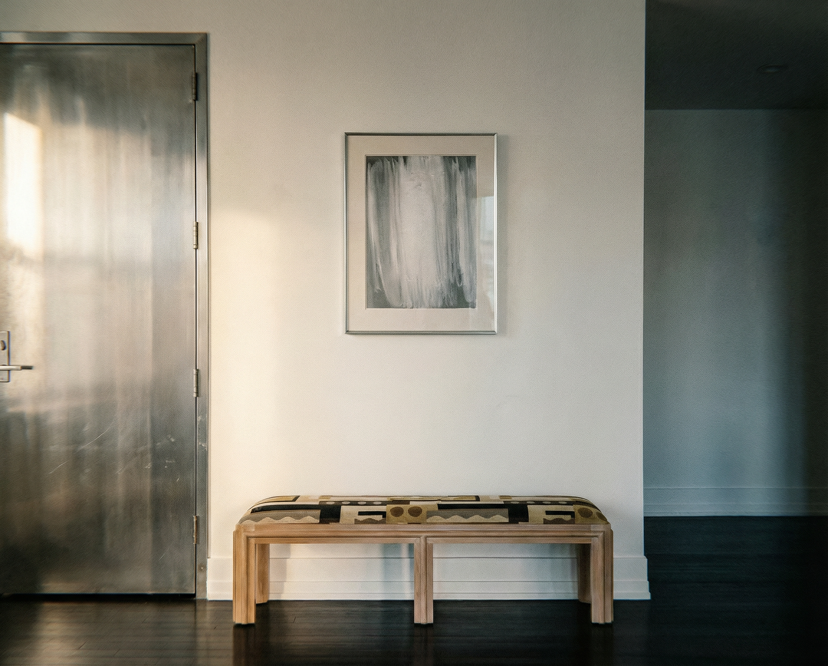 Wooden bench in front of a white wall with a framed abstract painting fade 4– Bold Abstract Canvas Print | Large Luxury Wall Art | Brume Art| Luxury Wall Decor | Large Canvas Wall Art | Oversized Wall Hanging-Brume art